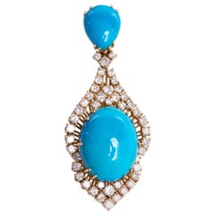 46 Carat Cabochon Turquoise Pendant or Brooch Surrounded by Diamonds