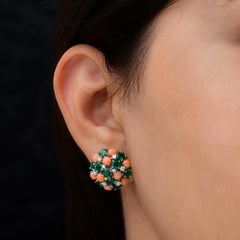 4.6 Carat Emerald 4.65 Carat Coral 0.45 Carat Diamond 18k White Gold Earrings