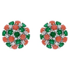 4.6 Carat Emerald 4.65 Carat Coral 0.45 Carat Diamond 18k White Gold Earrings