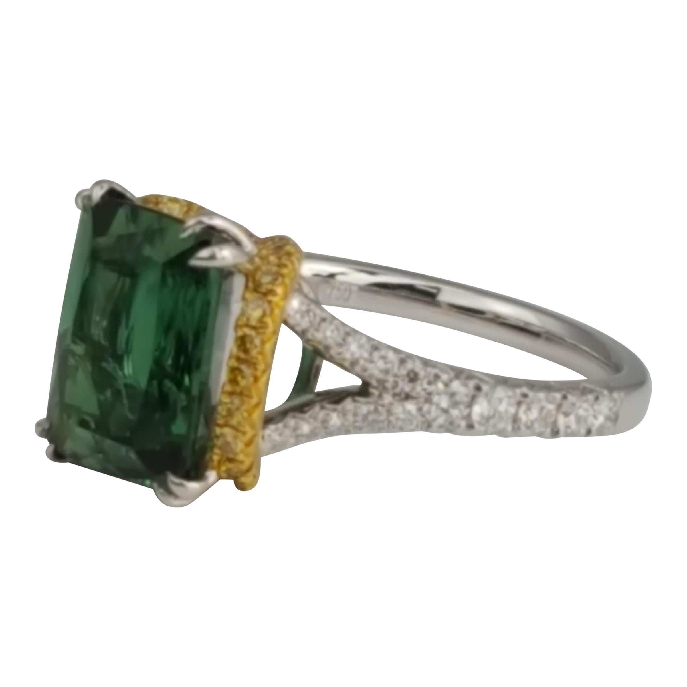 (DiamondTown) This beautiful ring carries a 4.6 carat emerald cut Green Tourmaline center, delicately enclosed by 0.21 carats round yellow diamonds. Additional diamonds trail down the shank, bringing the total diamond weight to 0.55 carats.

Center:
