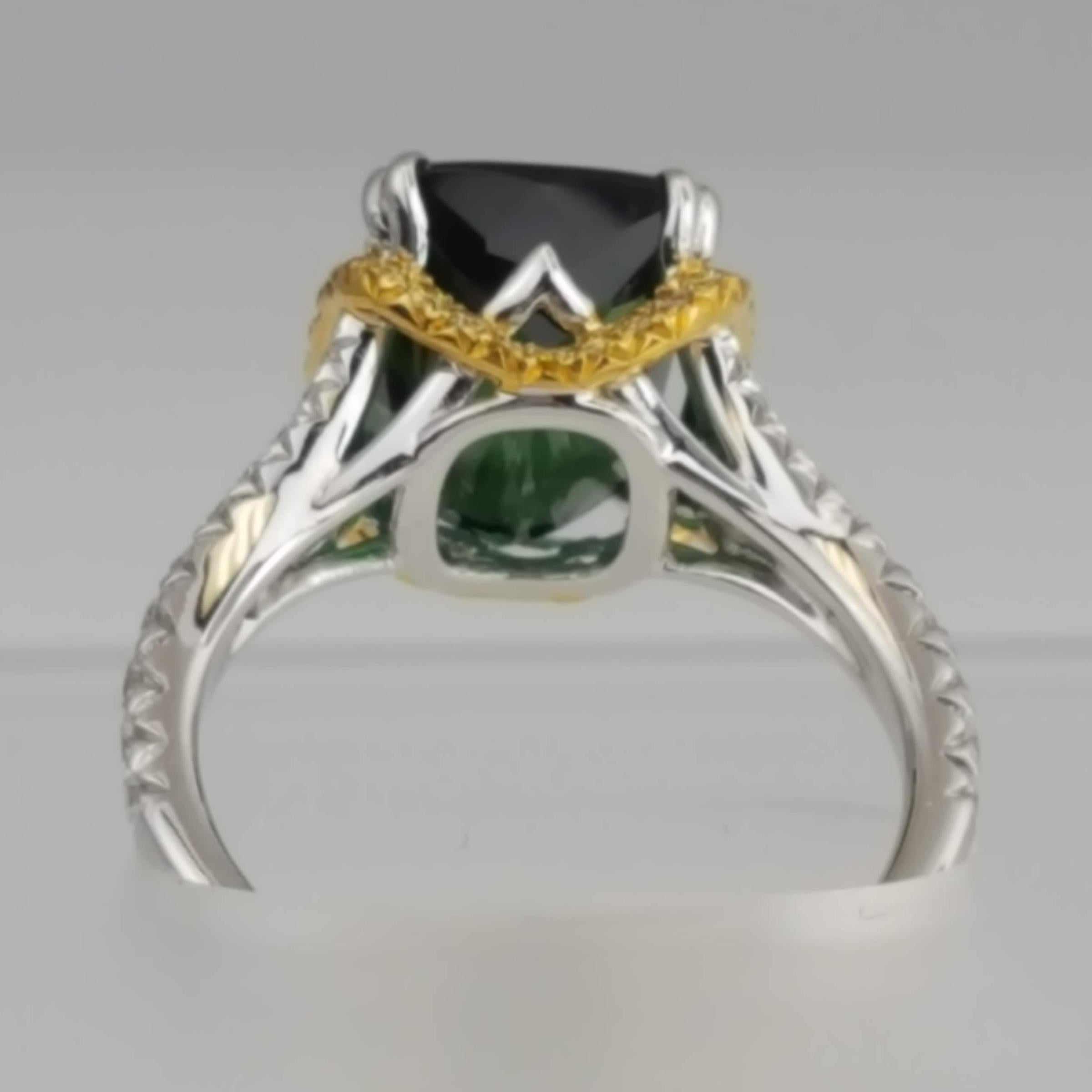 Contemporary 4.6 Carat Emerald Cut Green Tourmaline and 0.55 Carat Diamond Ring in 18k Gold