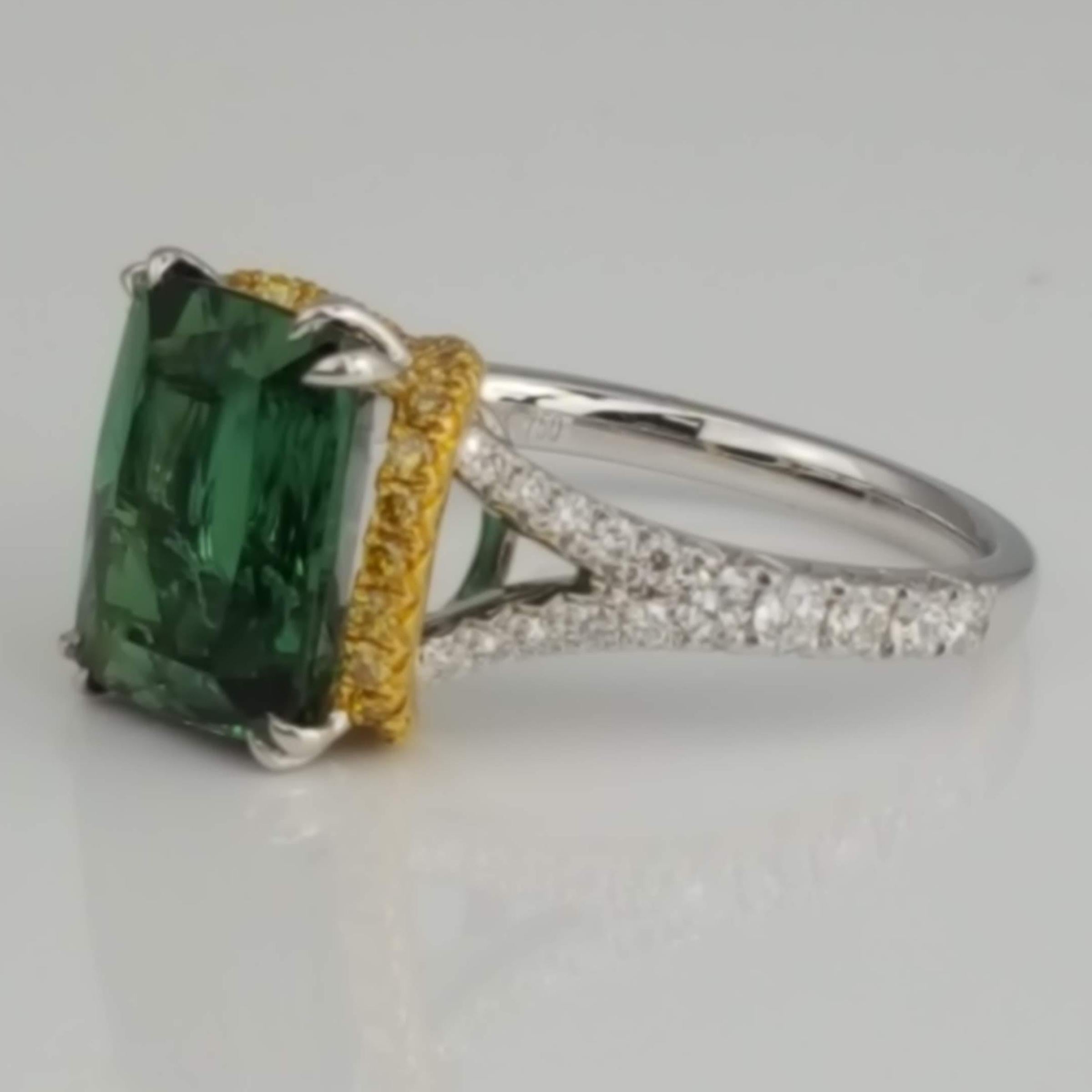 Women's 4.6 Carat Emerald Cut Green Tourmaline and 0.55 Carat Diamond Ring in 18k Gold