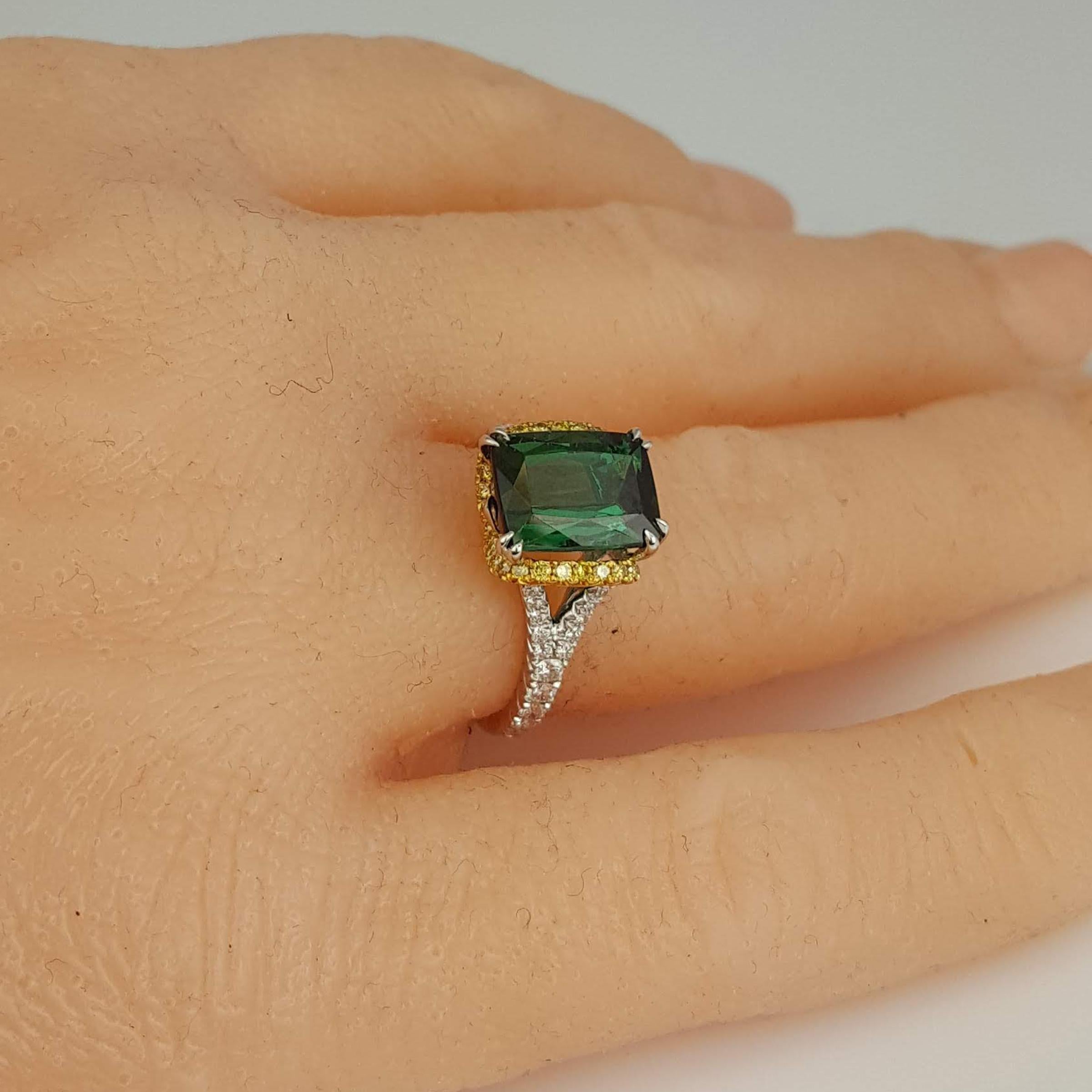 4.6 Carat Emerald Cut Green Tourmaline and 0.55 Carat Diamond Ring in 18k Gold 1