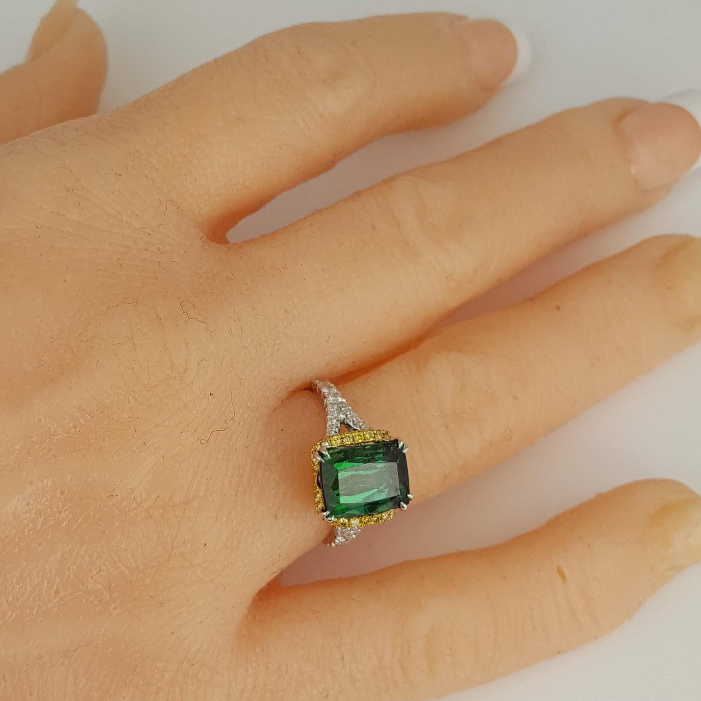 4.6 Carat Emerald Cut Green Tourmaline and 0.55 Carat Diamond Ring in 18k Gold 2