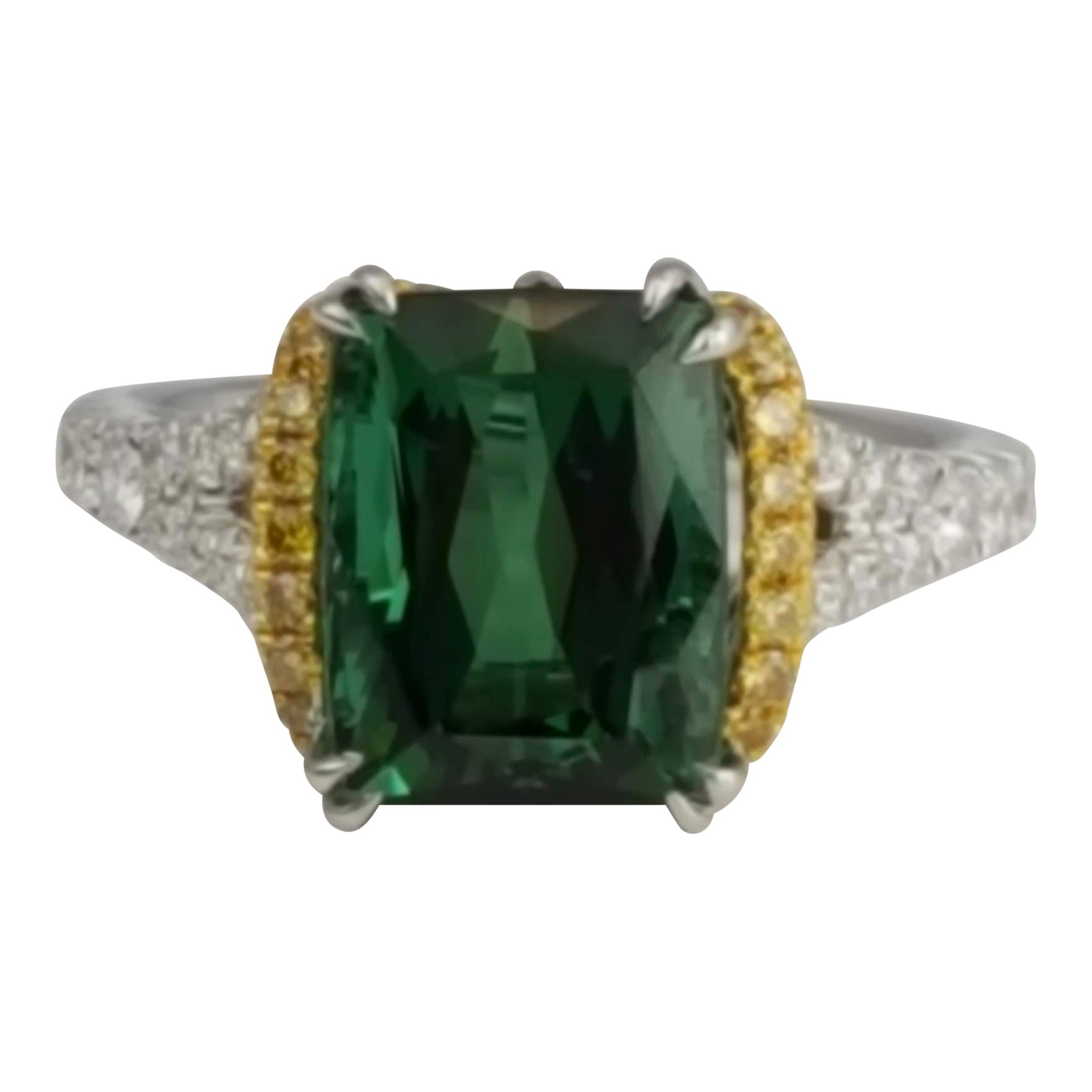 4.6 Carat Emerald Cut Green Tourmaline and 0.55 Carat Diamond Ring in 18k Gold