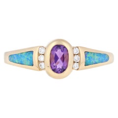 .46 Carat Oval Brilliant Amethyst, Opal, and Diamond Kabana Ring, 14 Karat Gold