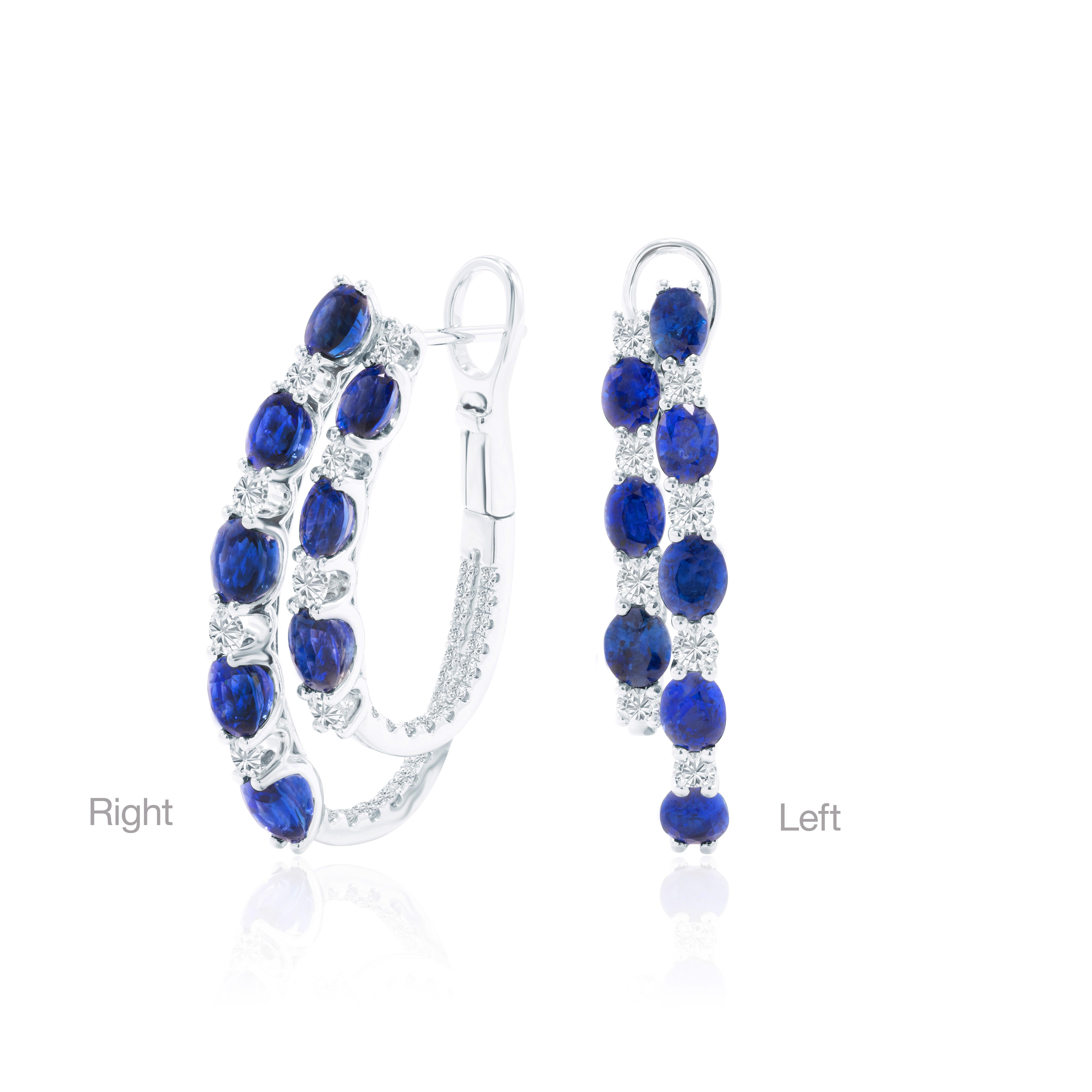 Schick, modern und mühelos luxuriös - diese Ohrringe mit Saphiren und Diamanten verleihen jedem Look raffinierte Eleganz. Jeder Reifen ist mit einer lebhaften Reihe tiefblauer Saphire geschmückt, deren satte Farbe durch das Funkeln der Brillanten