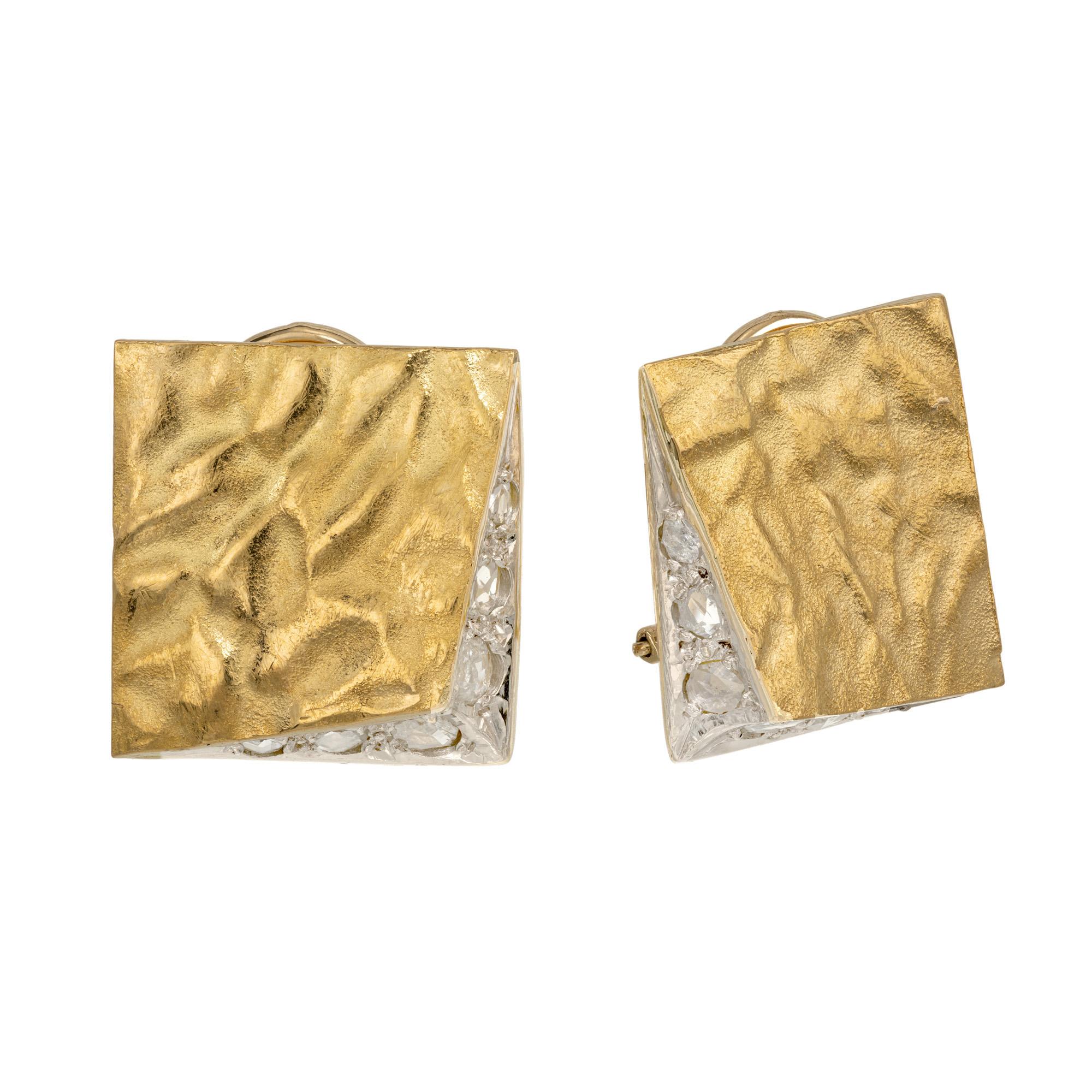 Geometric textured 18k gold clip post earrings with rose cut diamonds in silver. Hammered gold square shape clip post earrings, each set with 6 rose cut diamonds.  The intricate geometric design beautifully showcases the sparkling diamonds set in a