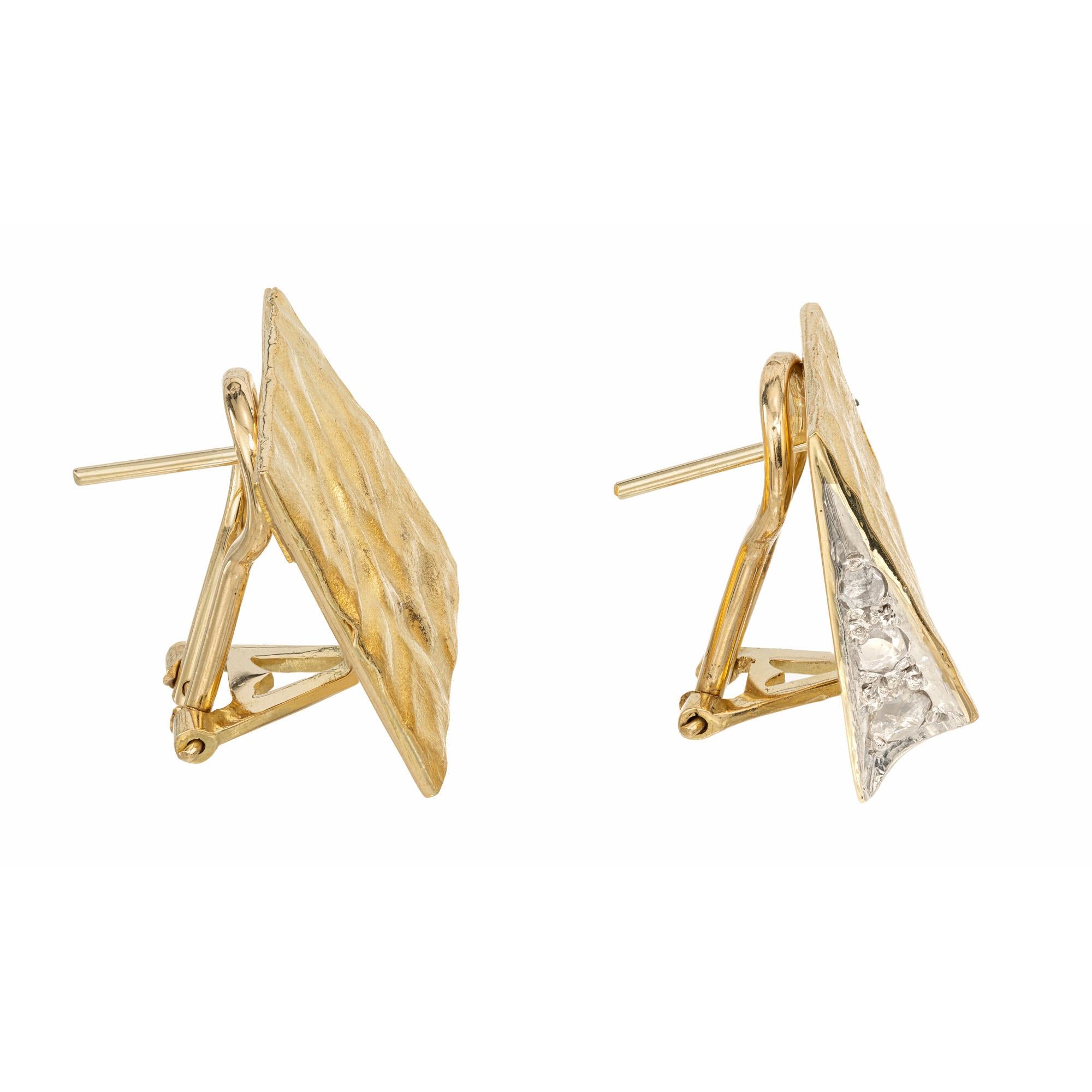 .46 Carat Rose Cut Diamond 18k Yellow Gold Silver Geometric Earrings In Good Condition For Sale In Stamford, CT