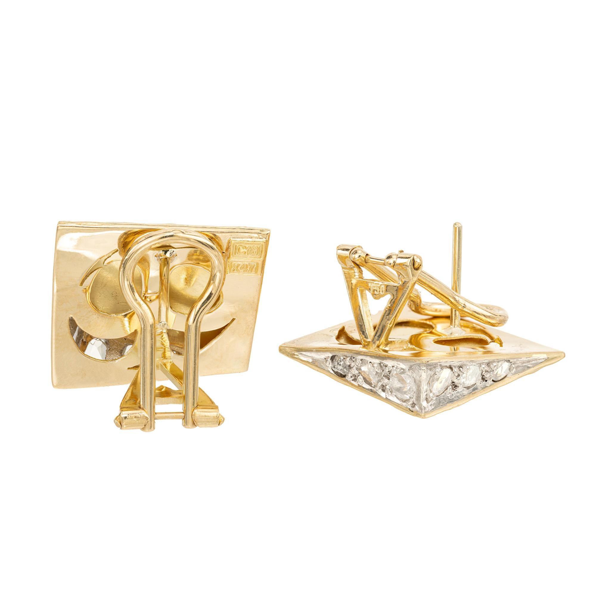 Women's .46 Carat Rose Cut Diamond 18k Yellow Gold Silver Geometric Earrings For Sale