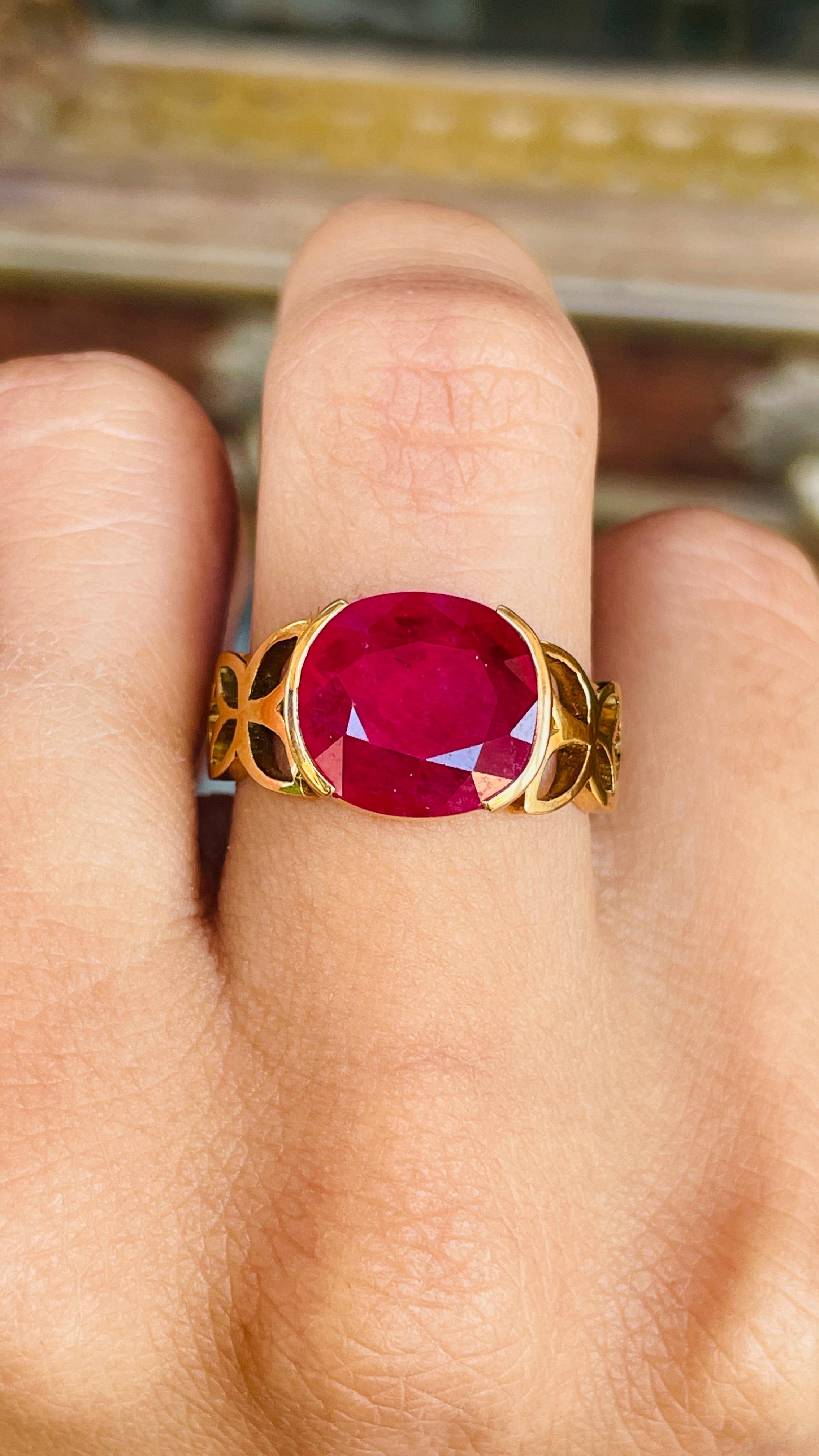 For Sale:  4.6 Carat Ruby Cocktail Ring with Engraving in 18K Solid Yellow Gold 11