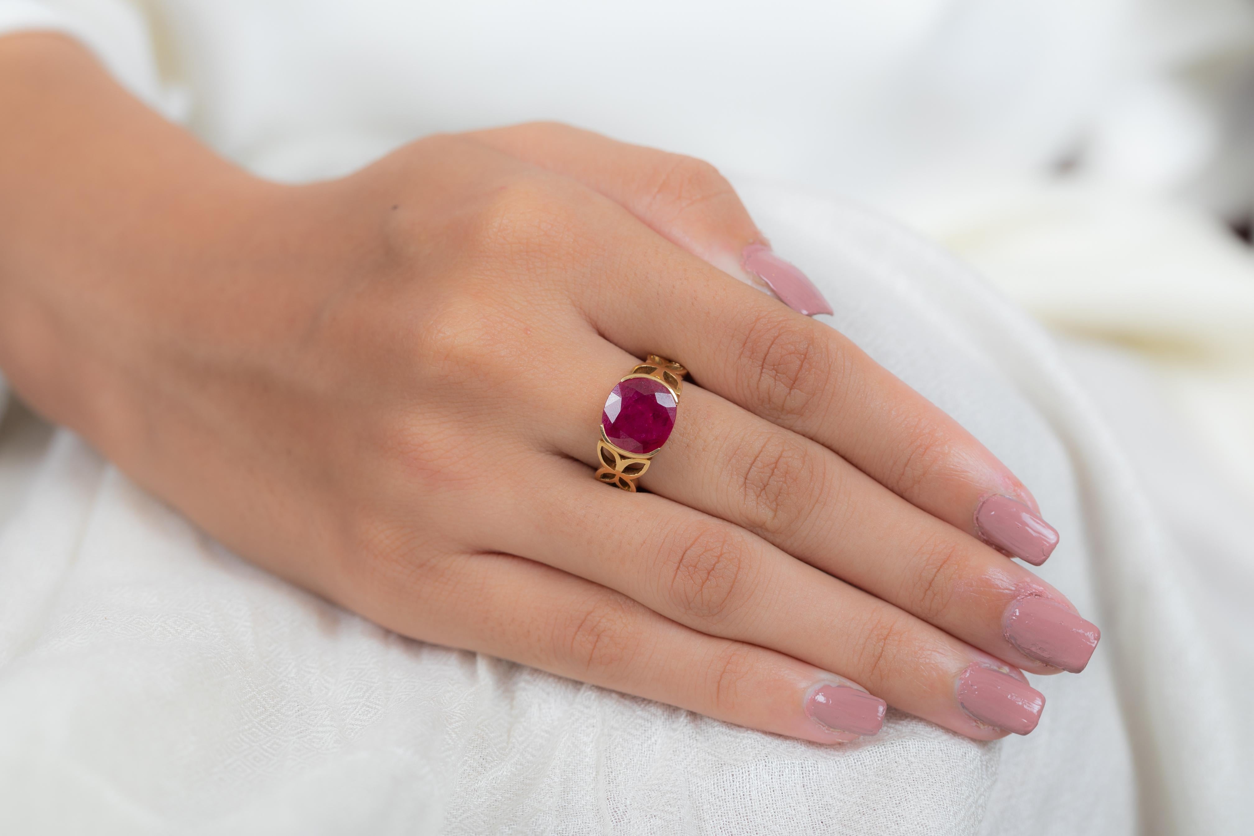 For Sale:  4.6 Carat Ruby Cocktail Ring with Engraving in 18K Solid Yellow Gold 4