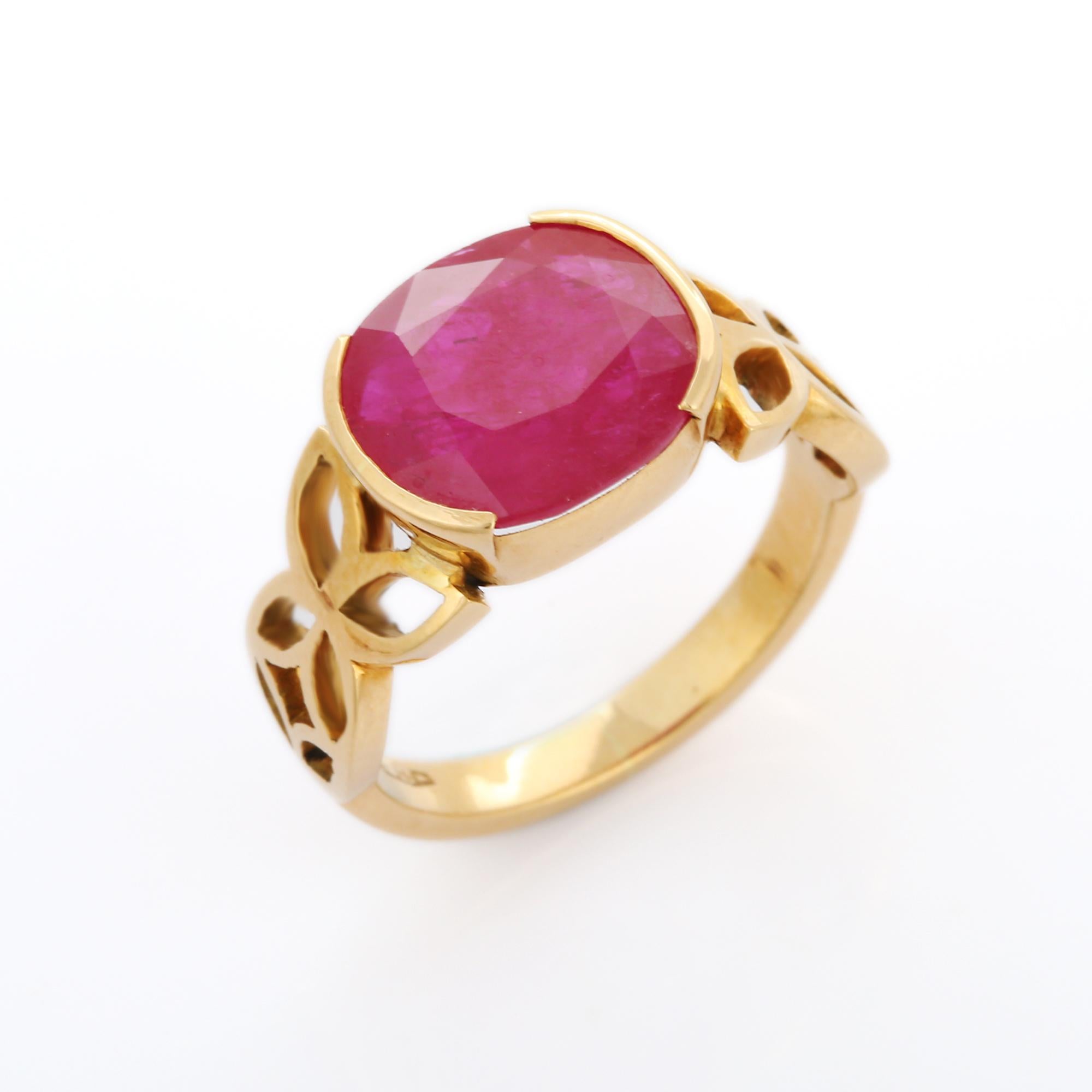 For Sale:  4.6 Carat Ruby Cocktail Ring with Engraving in 18K Solid Yellow Gold 6