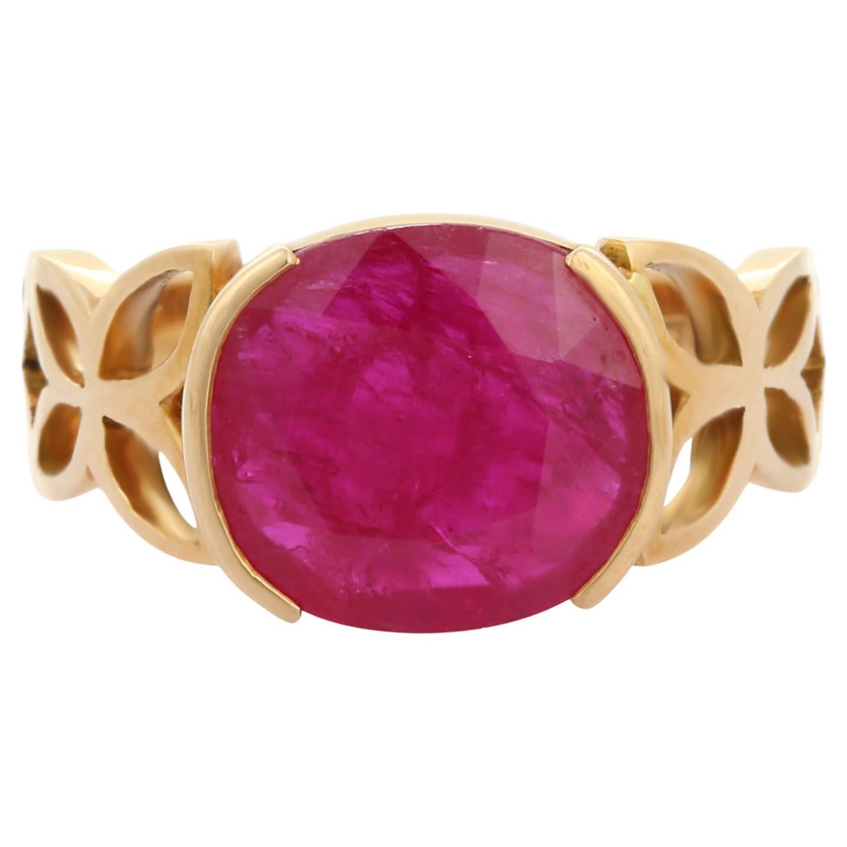 4.6 Carat Ruby Cocktail Ring with Engraving in 18K Solid Yellow Gold
