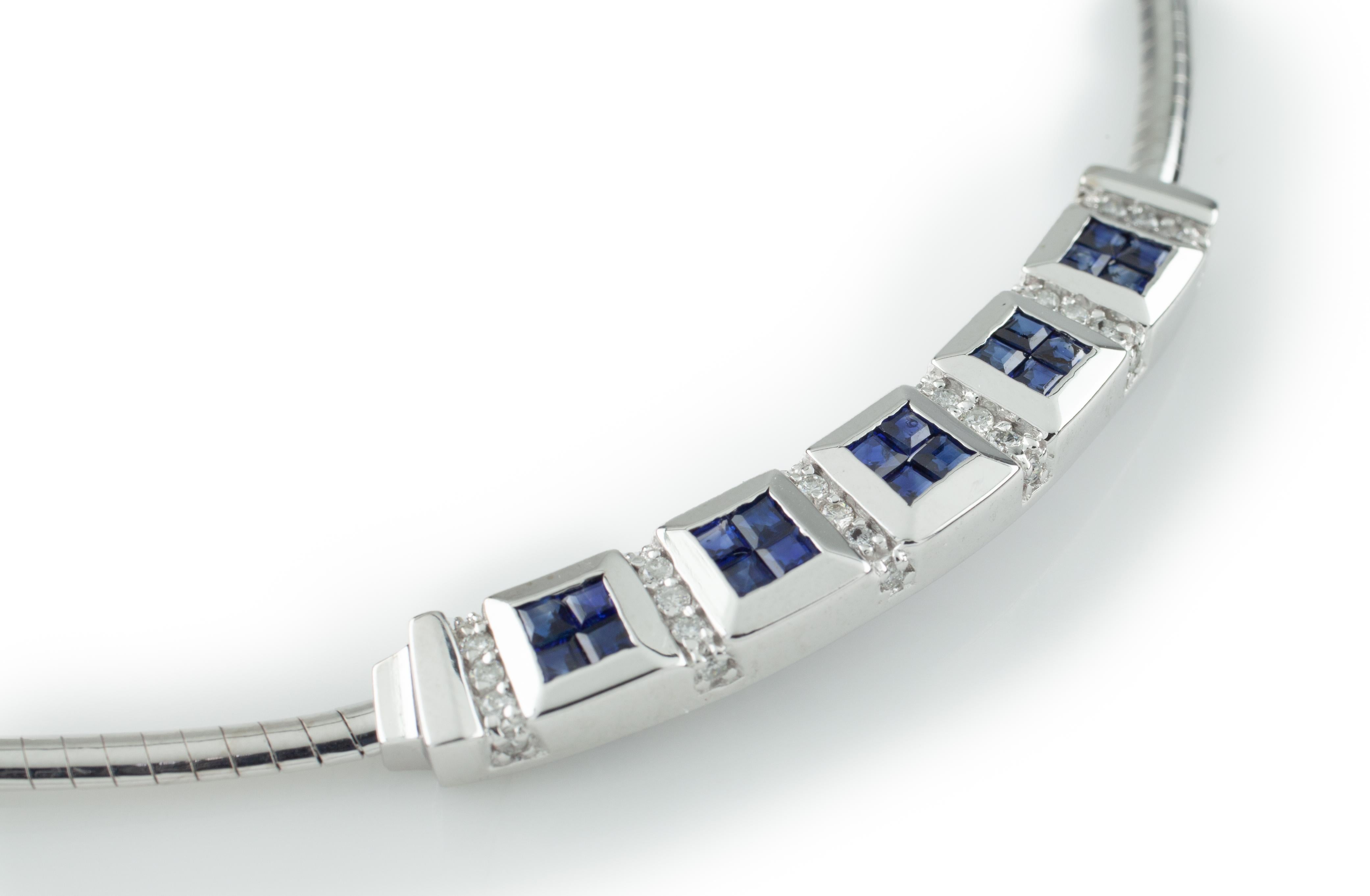 Princess Cut 4.6 Carat Sapphire and Diamond Plaque Necklace in White Gold