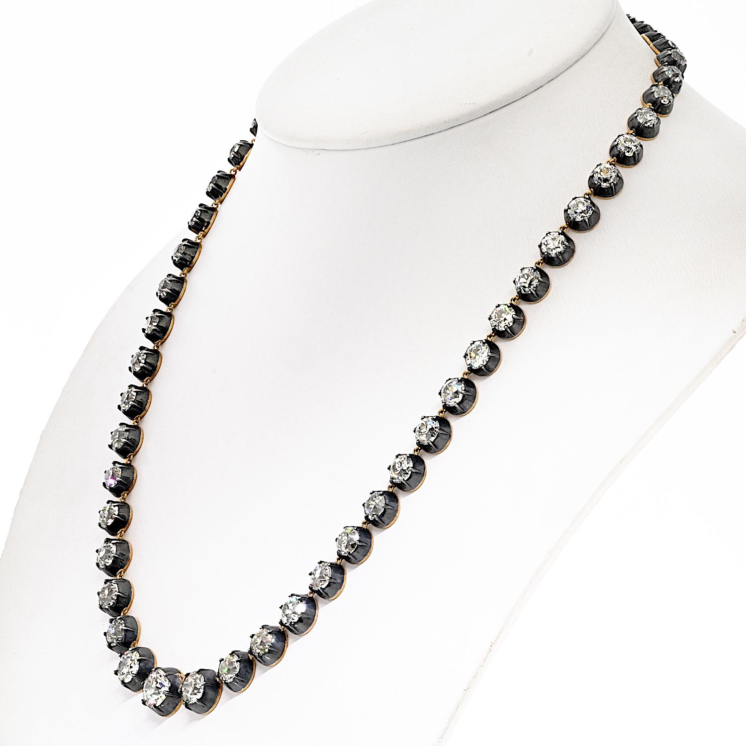 Modern 46 Carats Old European Cut Diamond Tennis Rivière Necklace For Sale