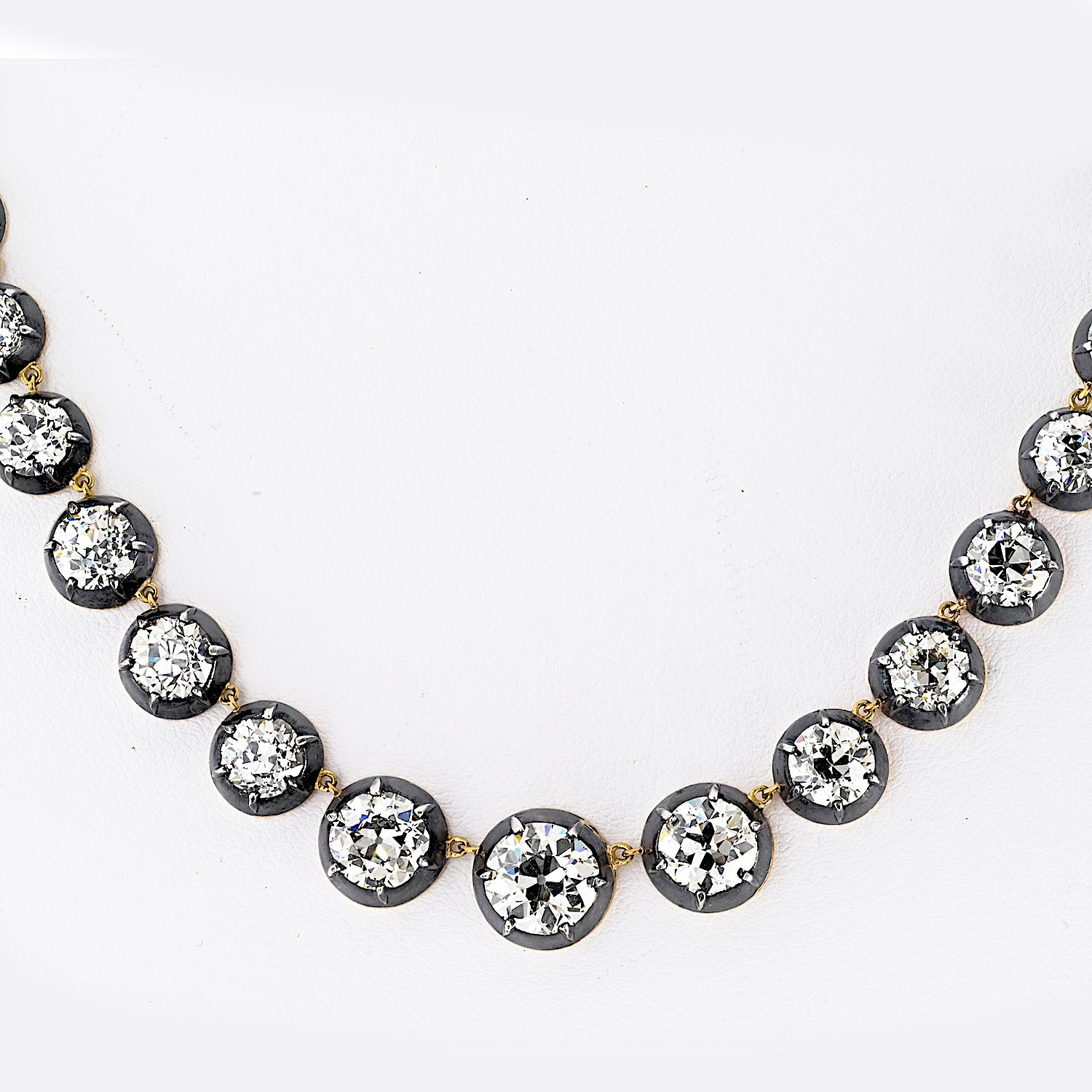 46 Carats Old European Cut Diamond Tennis Rivière Necklace In Excellent Condition For Sale In New York, NY