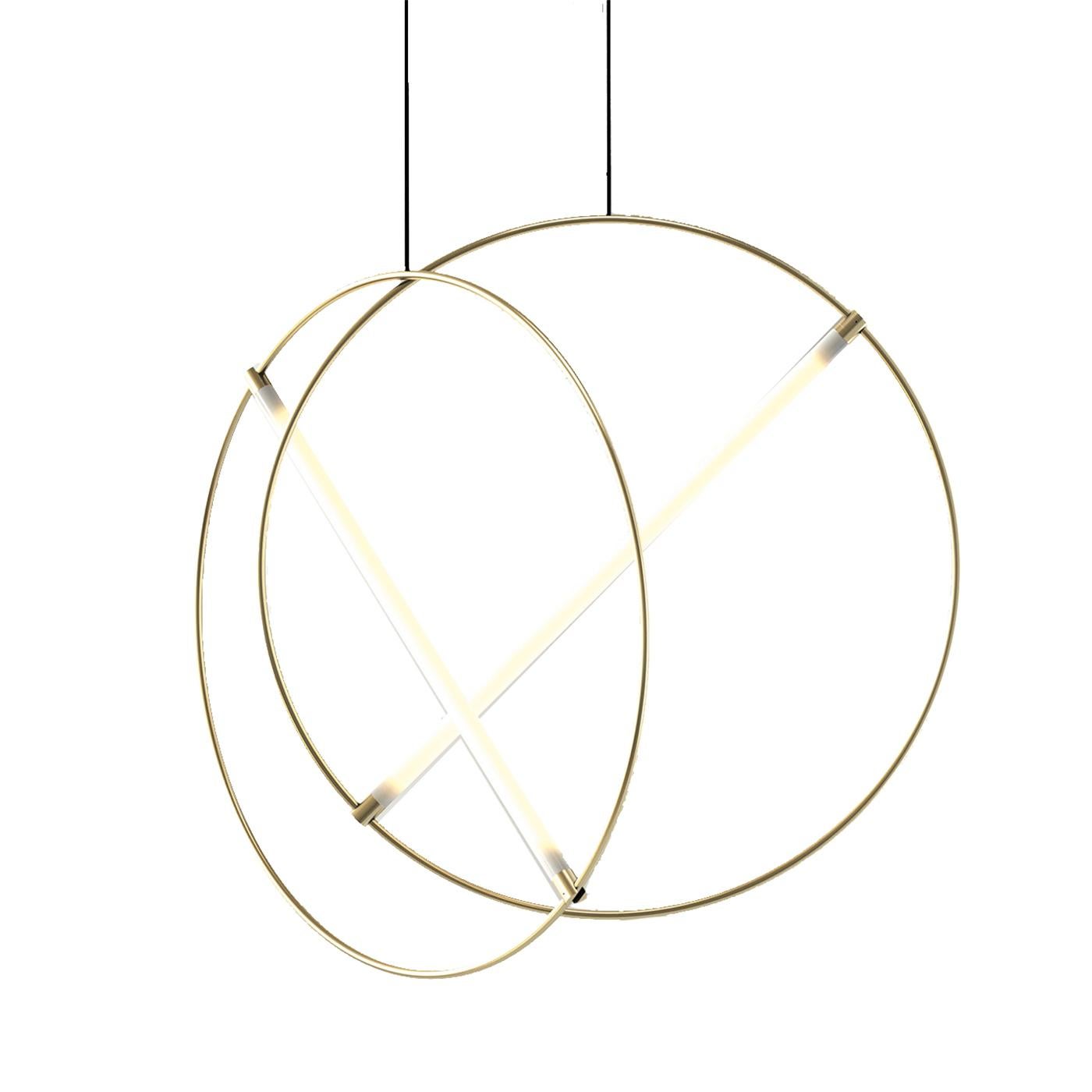 This exquisite ceiling lamp uses pure geometric shapes to create a striking light fixture that will have an arresting effect in any room it is placed. Its structure is made of one brass circular tube, inside of which one straight fluorescent light