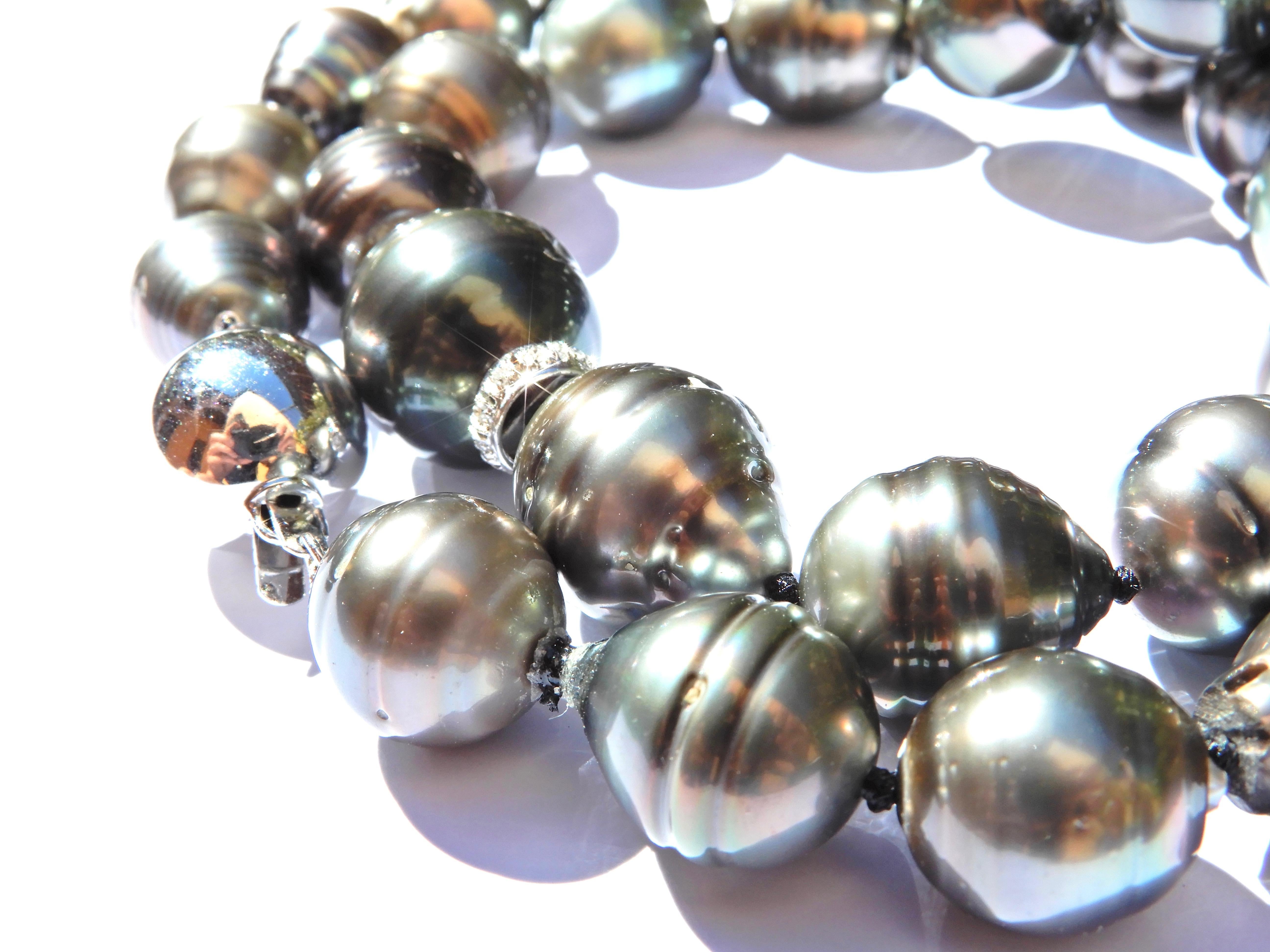Bead Baroque Tahitian Pearl and Diamond 14 Carat White Gold Necklace