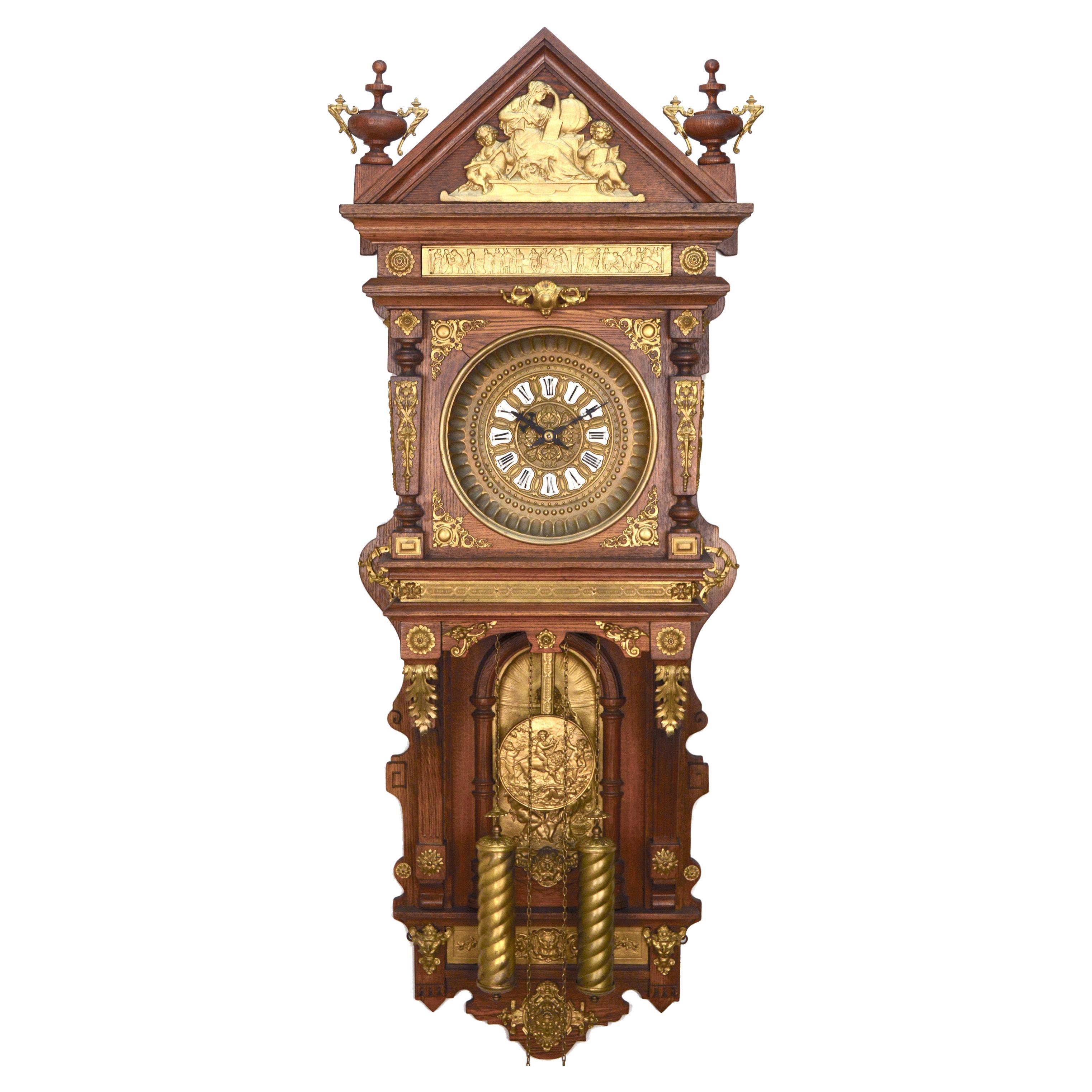 Highly Brass Decorated Ansonia "Antique Hanging" 2 Weight Driven Wall Clock For Sale