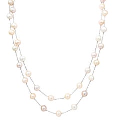 Vintage 46" Pink, Peach, and White Freshwater Pearl Necklace in 14K White Gold