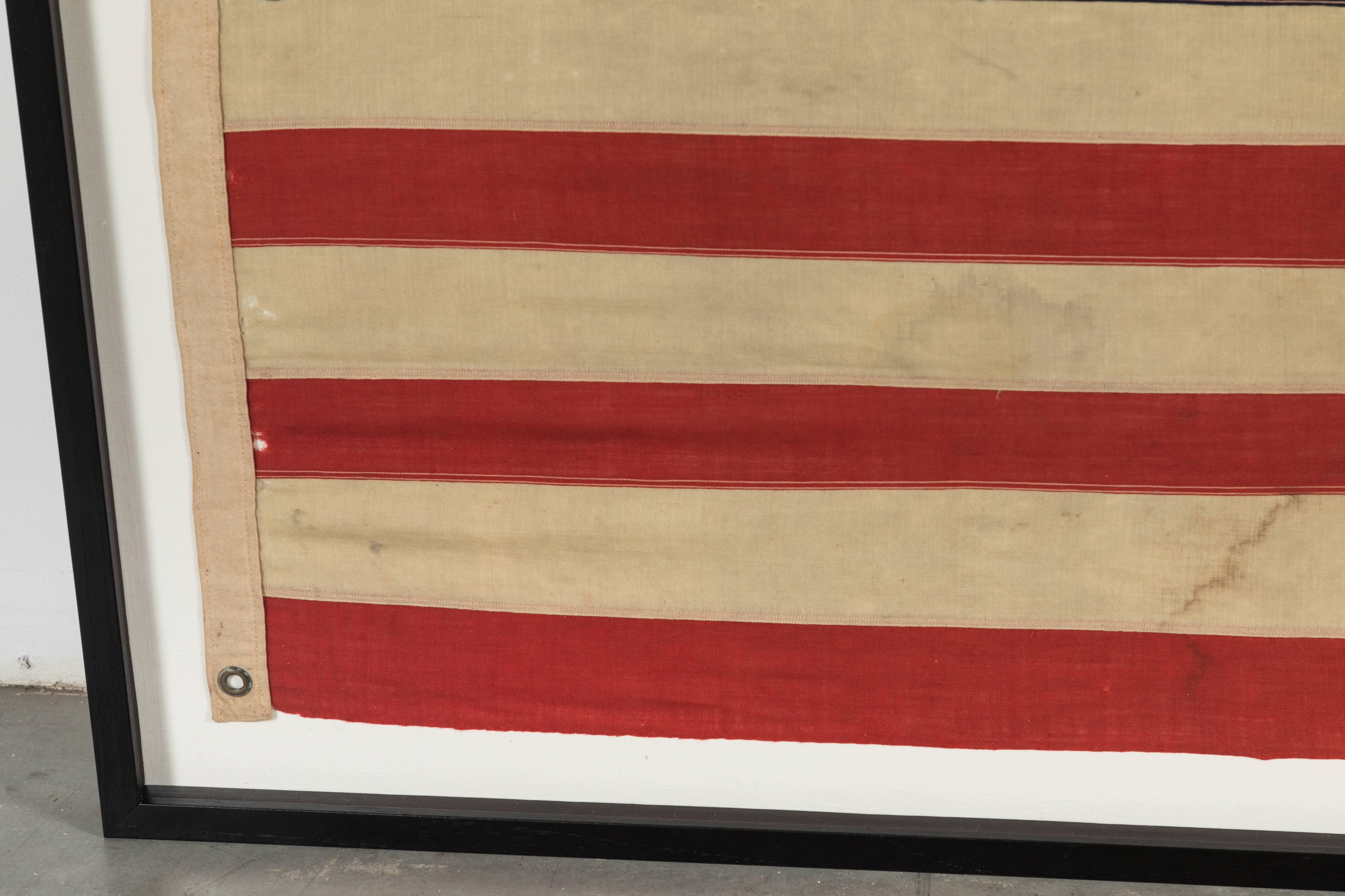 Early 20th Century 46 Star American Linen Flag Hand Sewn Folk Art Stars Framed