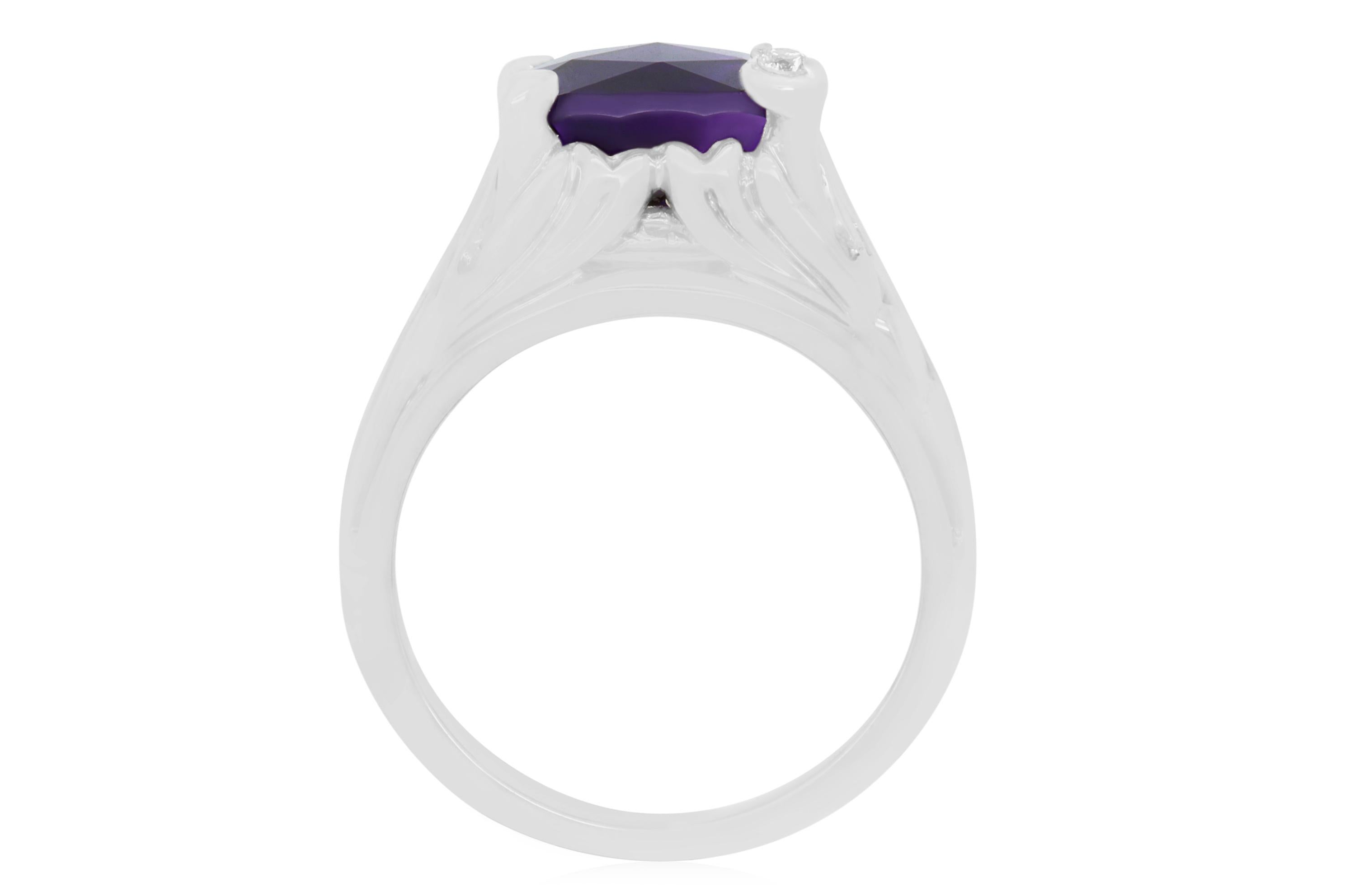 Contemporary 4.60 Carat Cushion Cut Amethyst and Round Diamond Cocktail Ring 14K White Gold