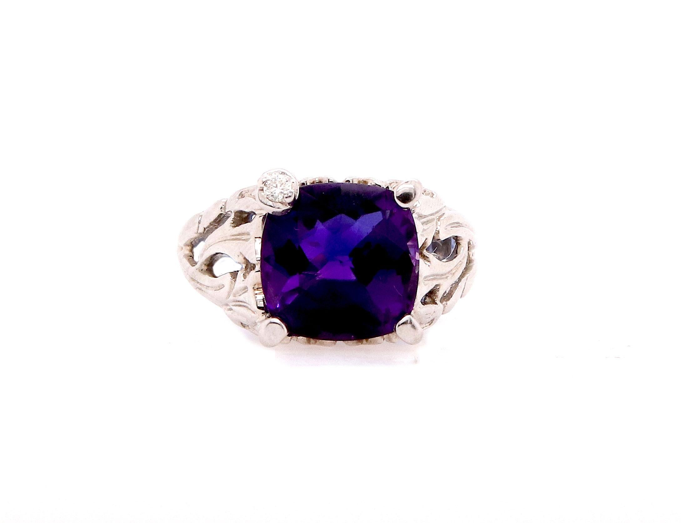 4.60 Carat Cushion Cut Amethyst and Round Diamond Cocktail Ring 14K White Gold In New Condition In GREAT NECK, NY