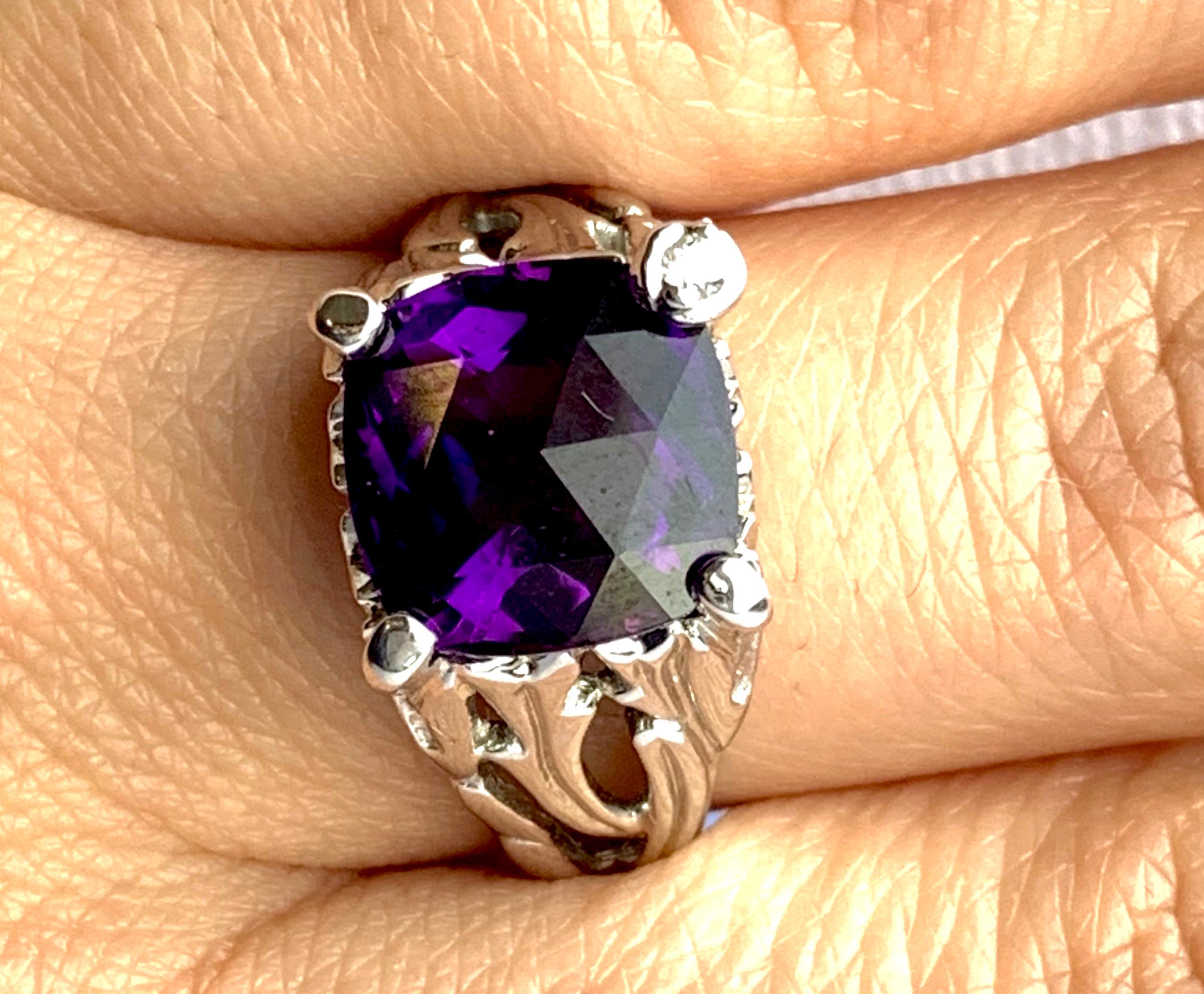 4.60 Carat Cushion Cut Amethyst and Round Diamond Cocktail Ring 14K White Gold 1