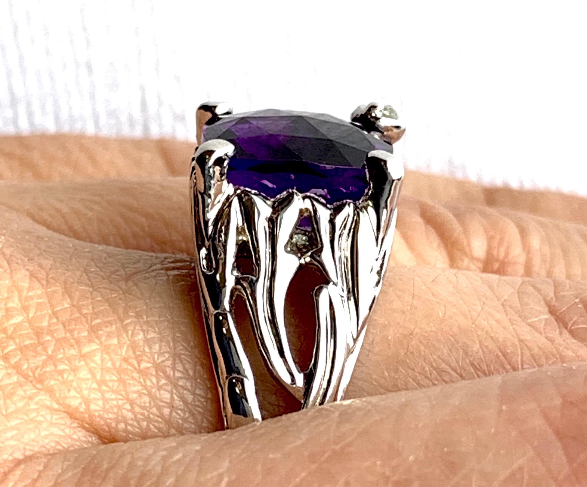 4.60 Carat Cushion Cut Amethyst and Round Diamond Cocktail Ring 14K White Gold 2