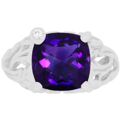 4.60 Carat Cushion Cut Amethyst and Round Diamond Cocktail Ring 14K White Gold