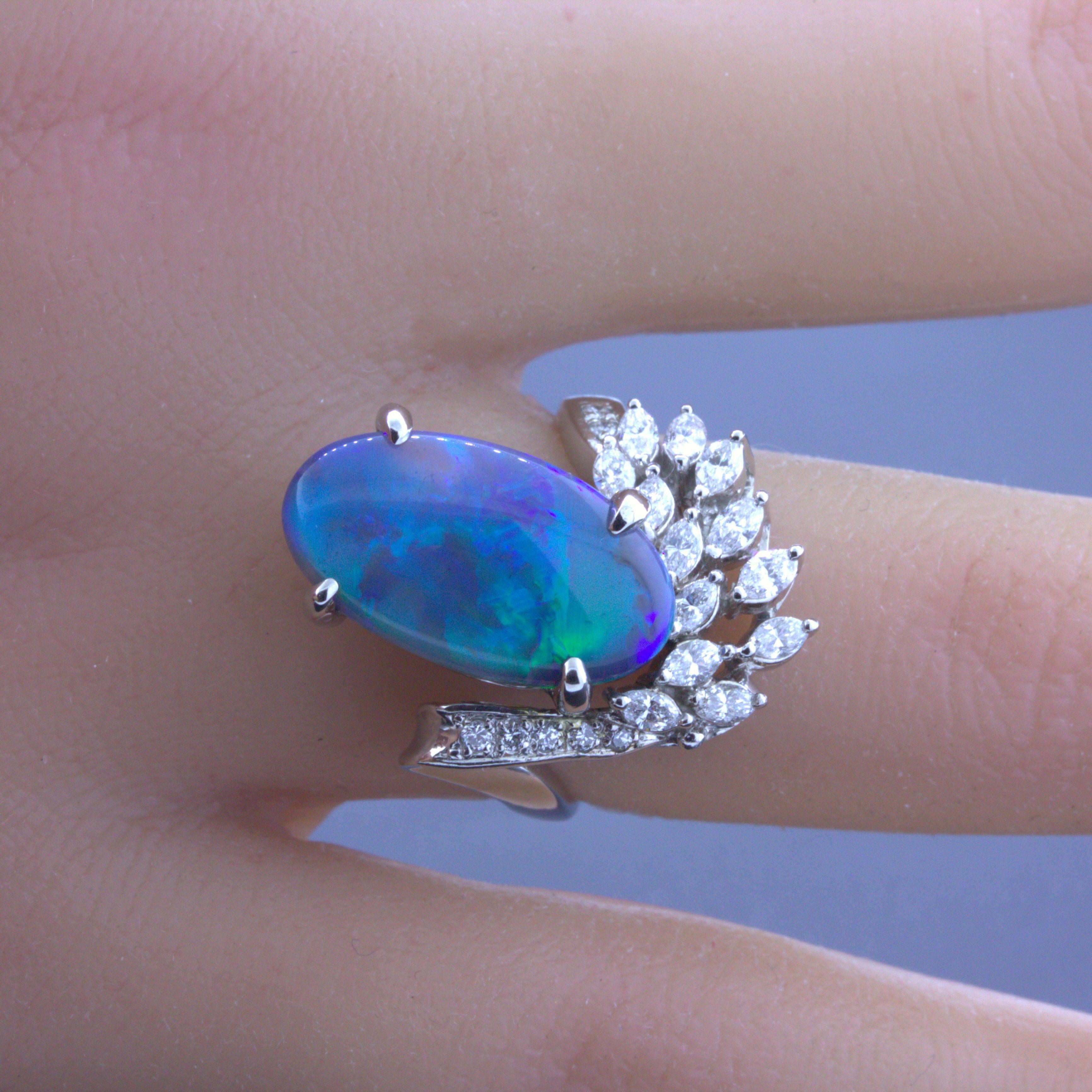 4.60 Carat Australian Black Opal Diamond Platinum Ring In New Condition For Sale In Beverly Hills, CA