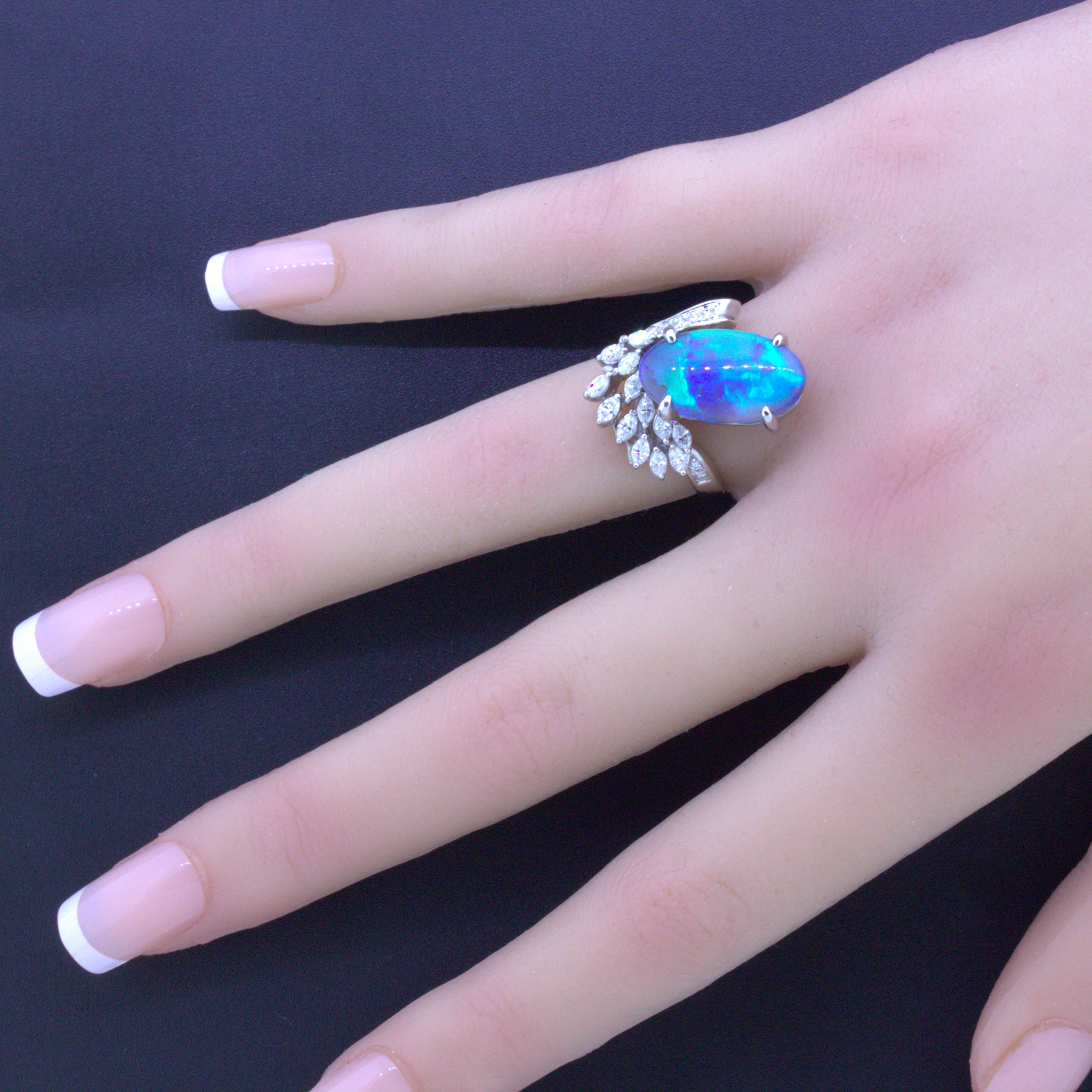 Women's 4.60 Carat Australian Black Opal Diamond Platinum Ring For Sale