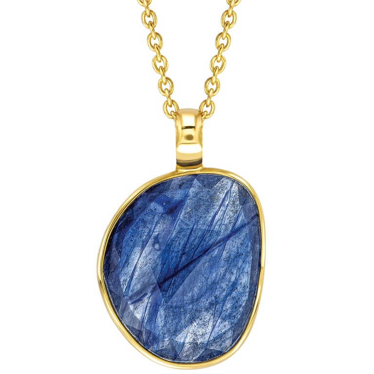 Contemporary 4.60 Carat Blue Sapphire Diamond Rose Cut 18 Karat Yellow Gold Pendant Necklace  For Sale