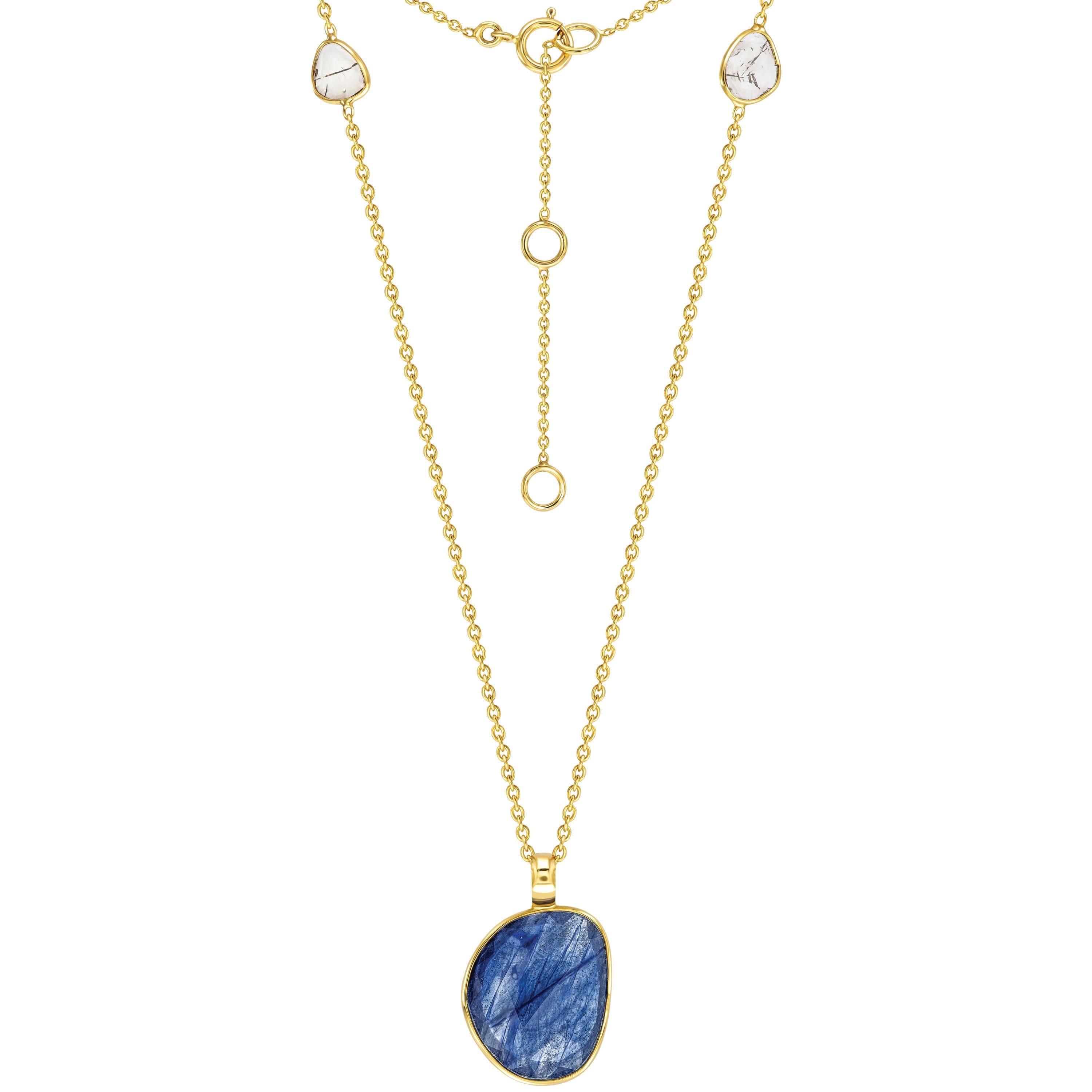 Collier pendentif en or jaune 18 carats avec saphirs bleus de 4,60 carats et diamants taille rose 