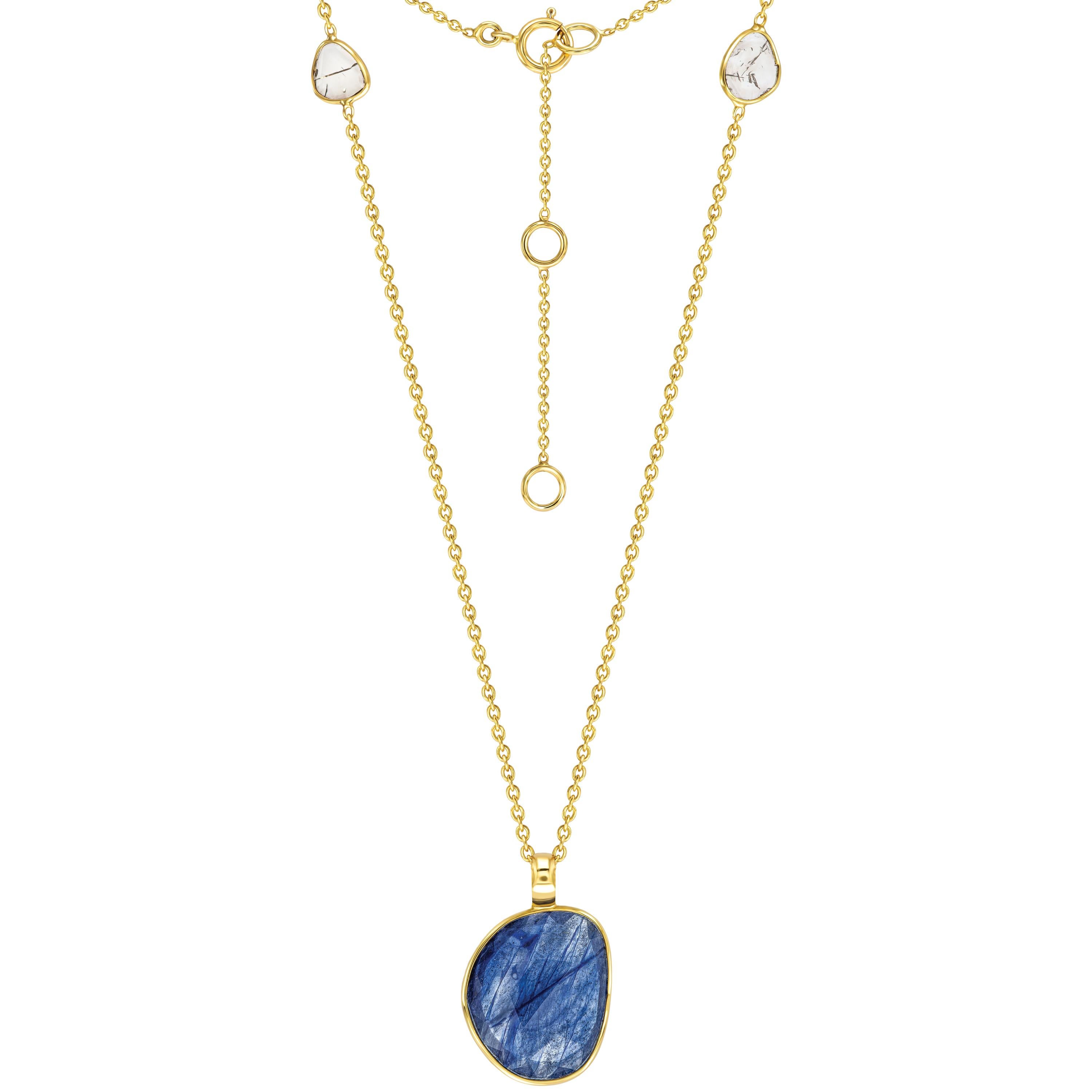 Collier pendentif en or jaune 18 carats avec saphirs bleus de 4,60 carats et diamants taille rose