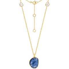 4.60 Carat Blue Sapphire Diamond Rose Cut 18 Karat Yellow Gold Pendant Necklace 