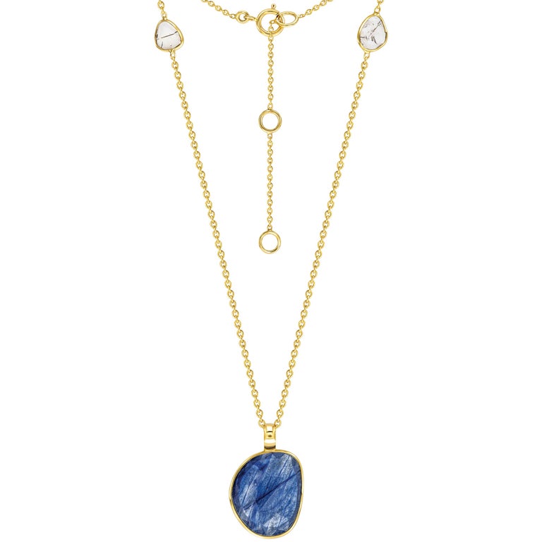 4.60 Carat Blue Sapphire Diamond Rose Cut 18 Karat Yellow Gold Pendant Necklace  For Sale