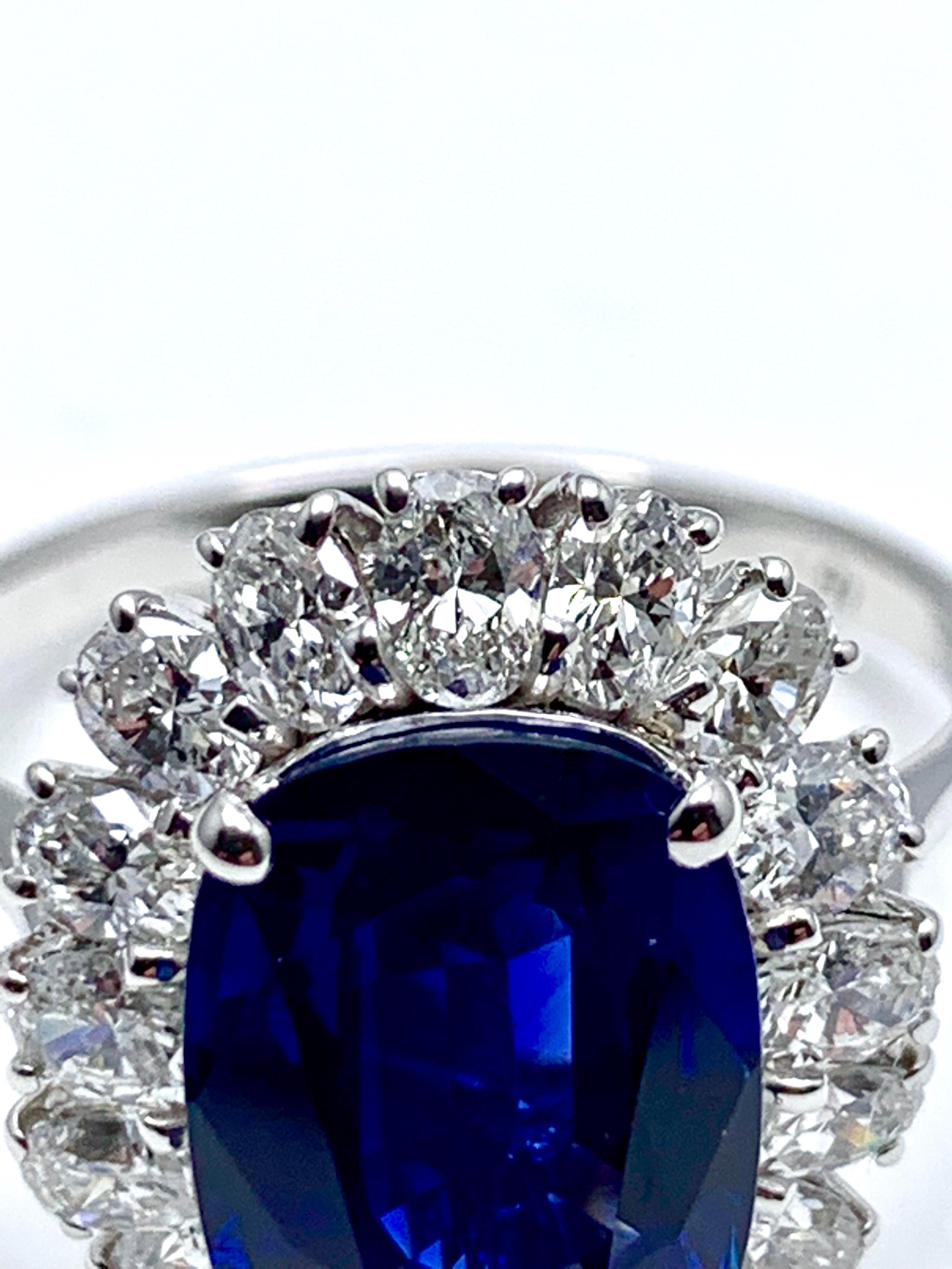 4.60 Carat Cushion Cut Sapphire and Oval Diamond Halo White Gold Cocktail Ring For Sale 4