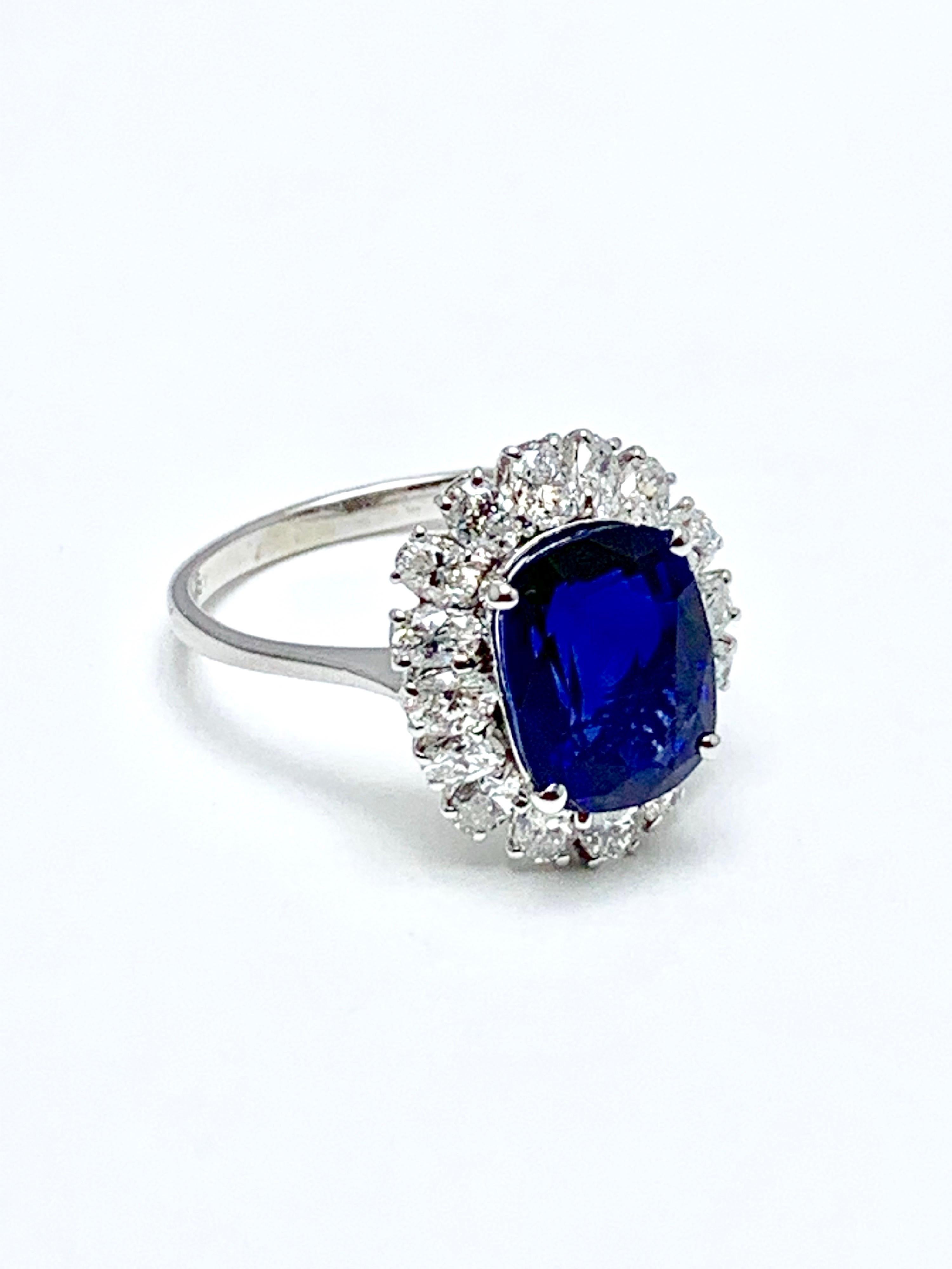 4.60 Carat Cushion Cut Sapphire and Oval Diamond Halo White Gold Cocktail Ring In Excellent Condition For Sale In Chevy Chase, MD