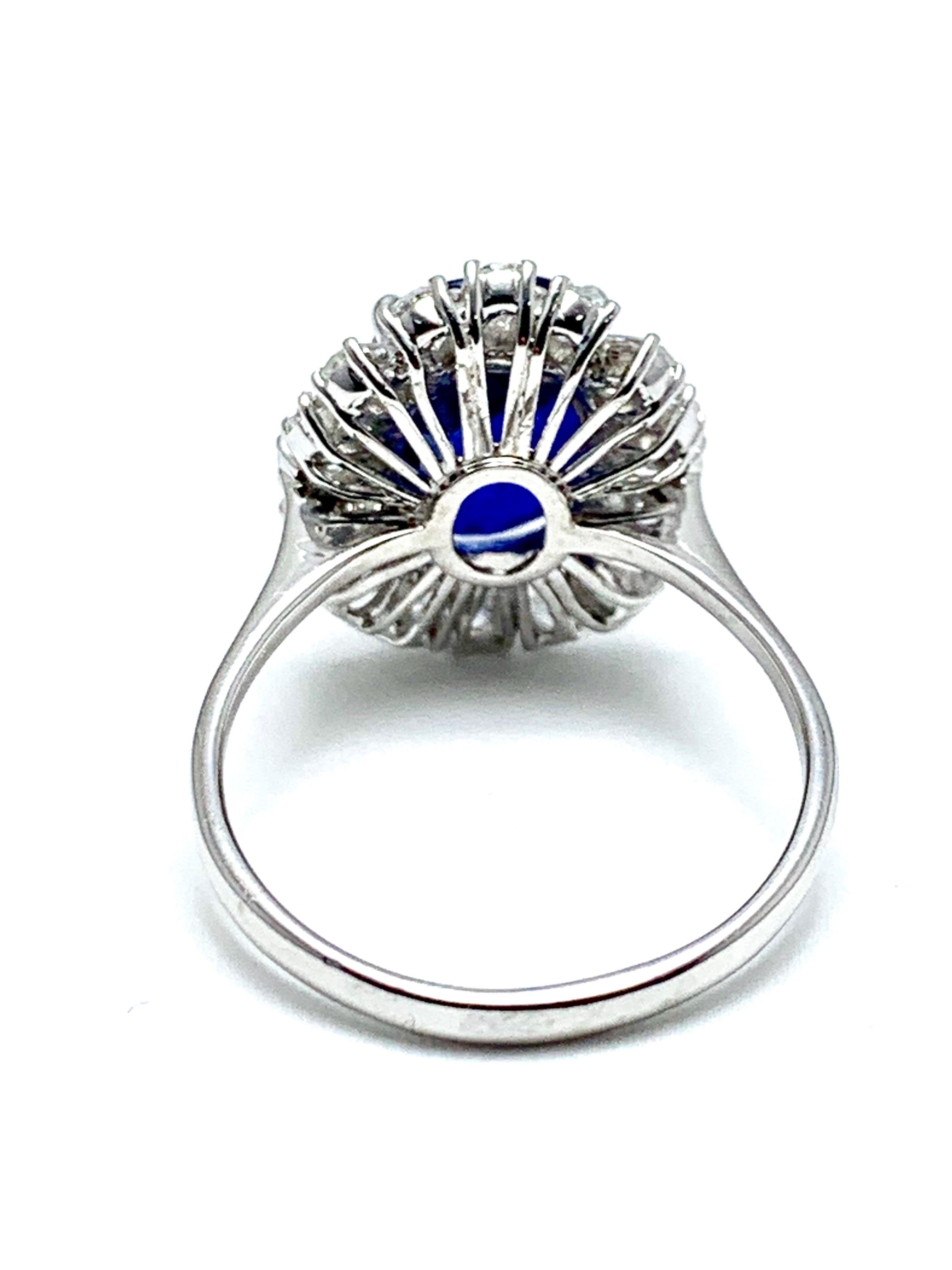 4.60 Carat Cushion Cut Sapphire and Oval Diamond Halo White Gold Cocktail Ring For Sale 1