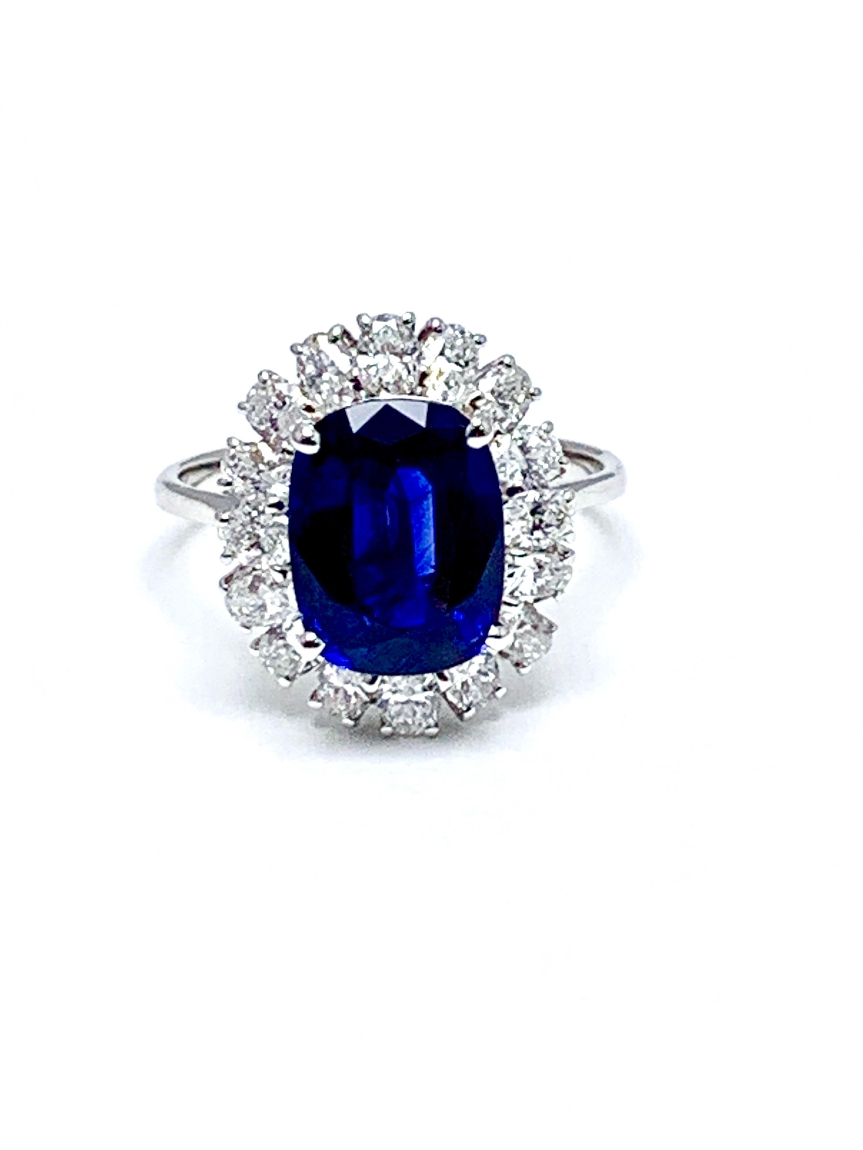 4.60 Carat Cushion Cut Sapphire and Oval Diamond Halo White Gold Cocktail Ring For Sale 2