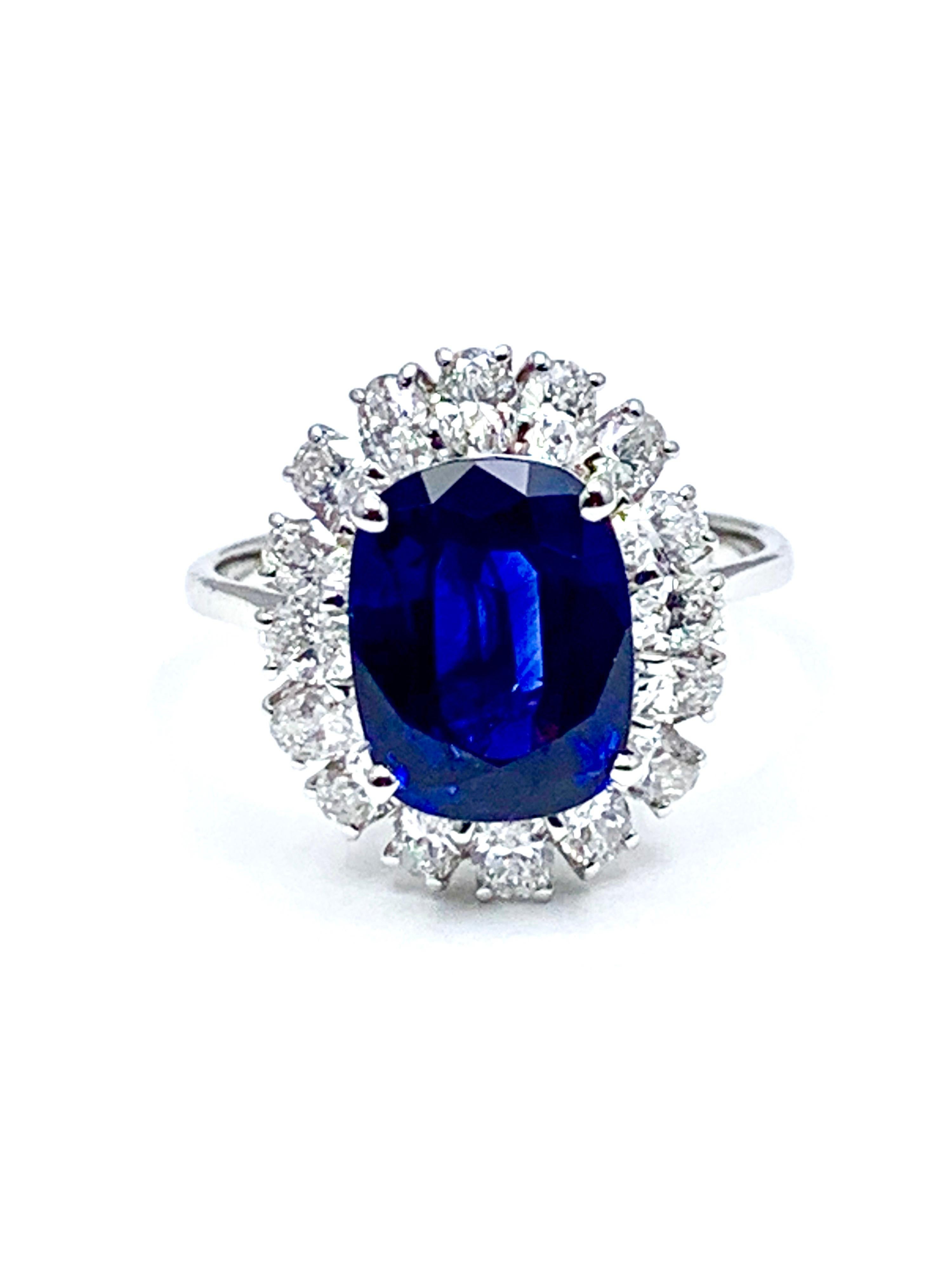 4.60 Carat Cushion Cut Sapphire and Oval Diamond Halo White Gold Cocktail Ring For Sale 3