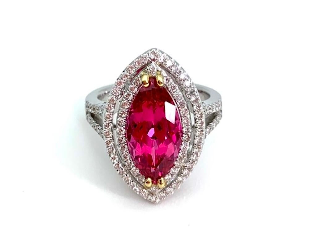 Artisan 4.60 Carat Pink Spinel Marquise and Diamond Halo Cocktail Ring in 18k White Gold For Sale