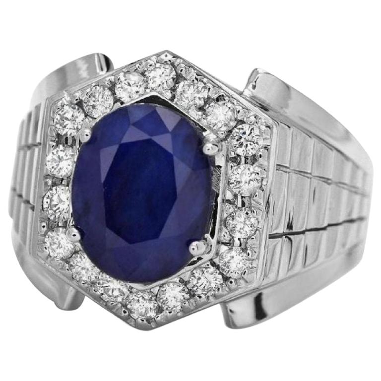 Bague pour homme en or blanc massif 14 carats avec diamants naturels de 4,60 carats et saphir bleu