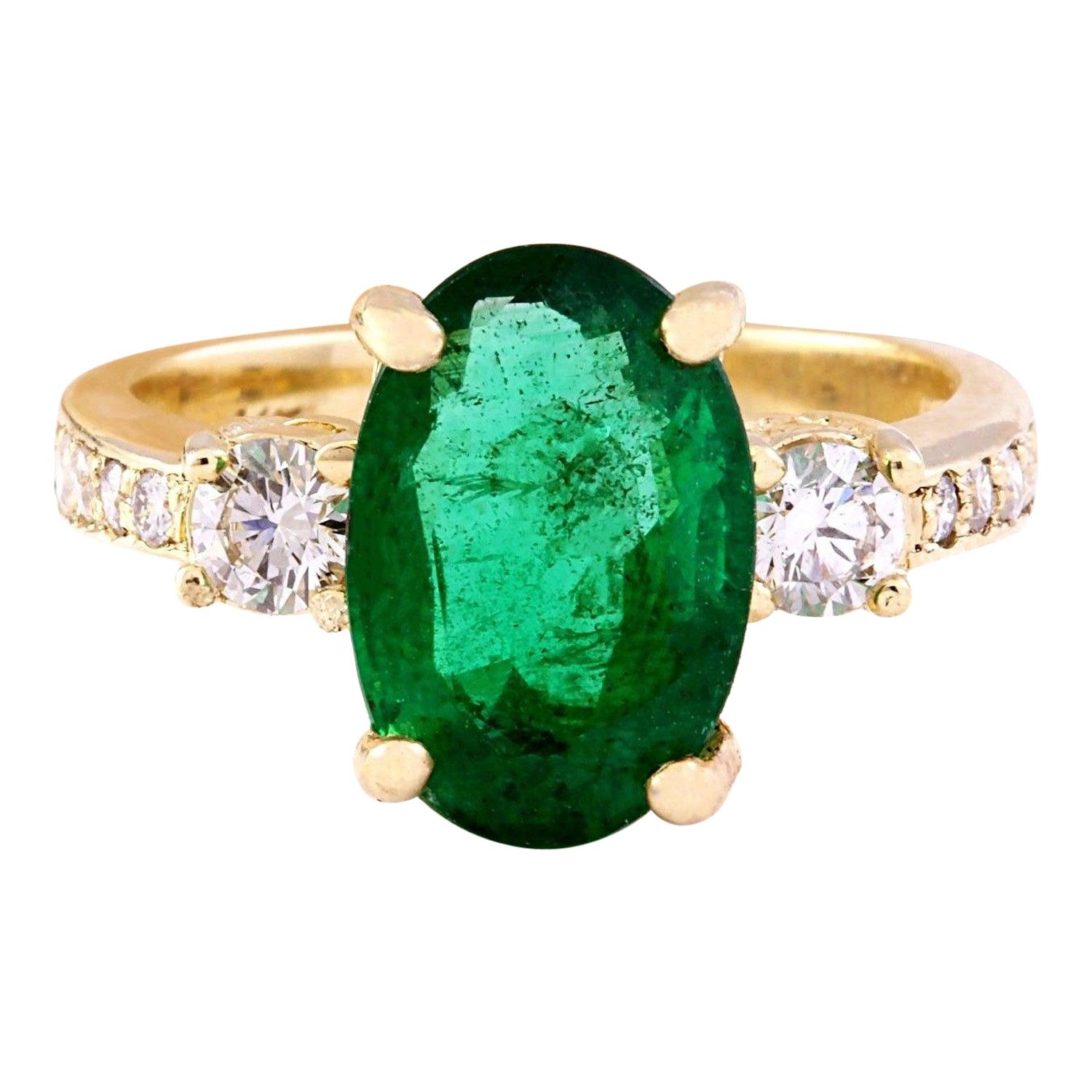 Natural Emerald Diamond Ring In 14 Karat Solid Yellow Gold  For Sale