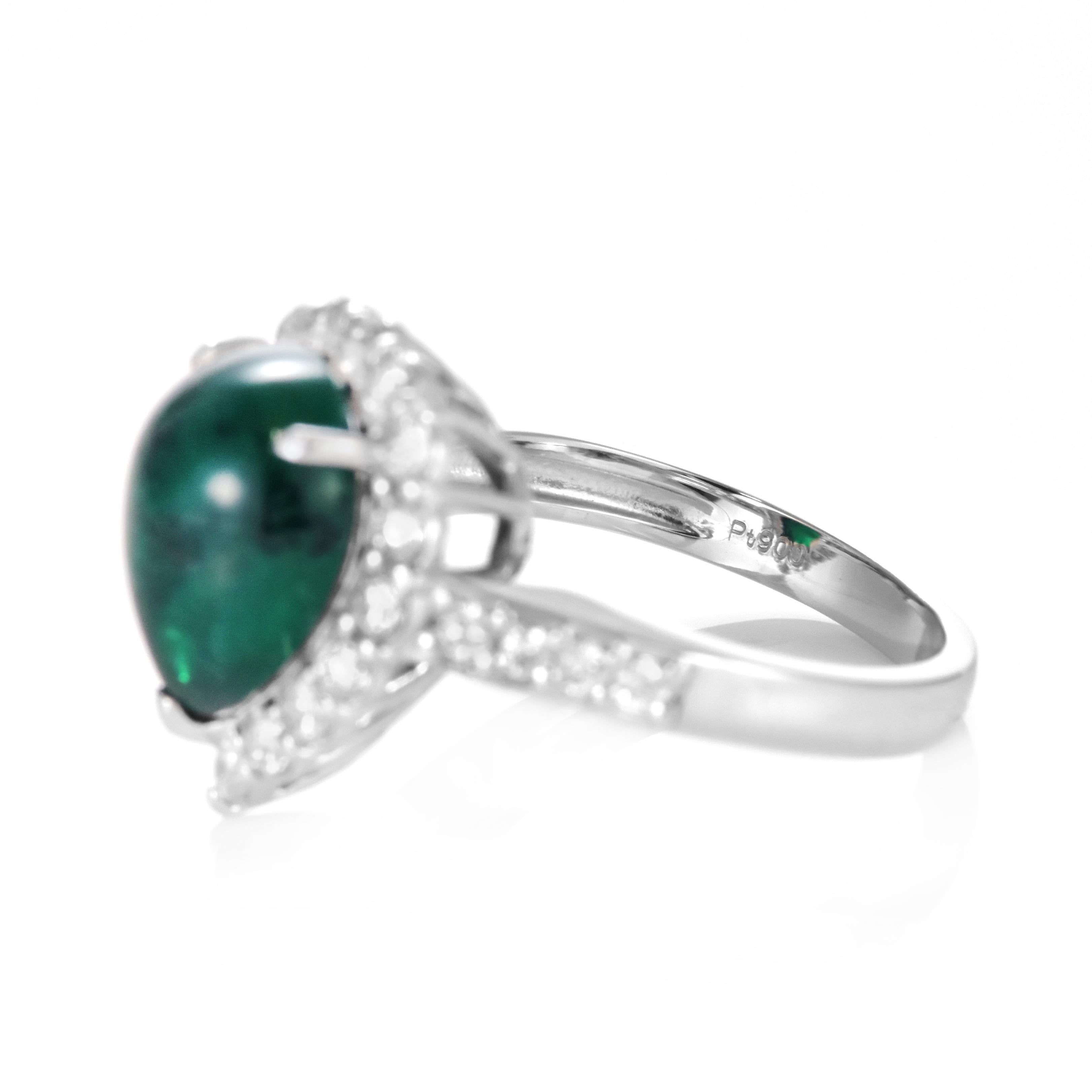 4.60 Carat Natural Emerald Cabochon and Diamond Halo Ring Made in Platinum For Sale 5