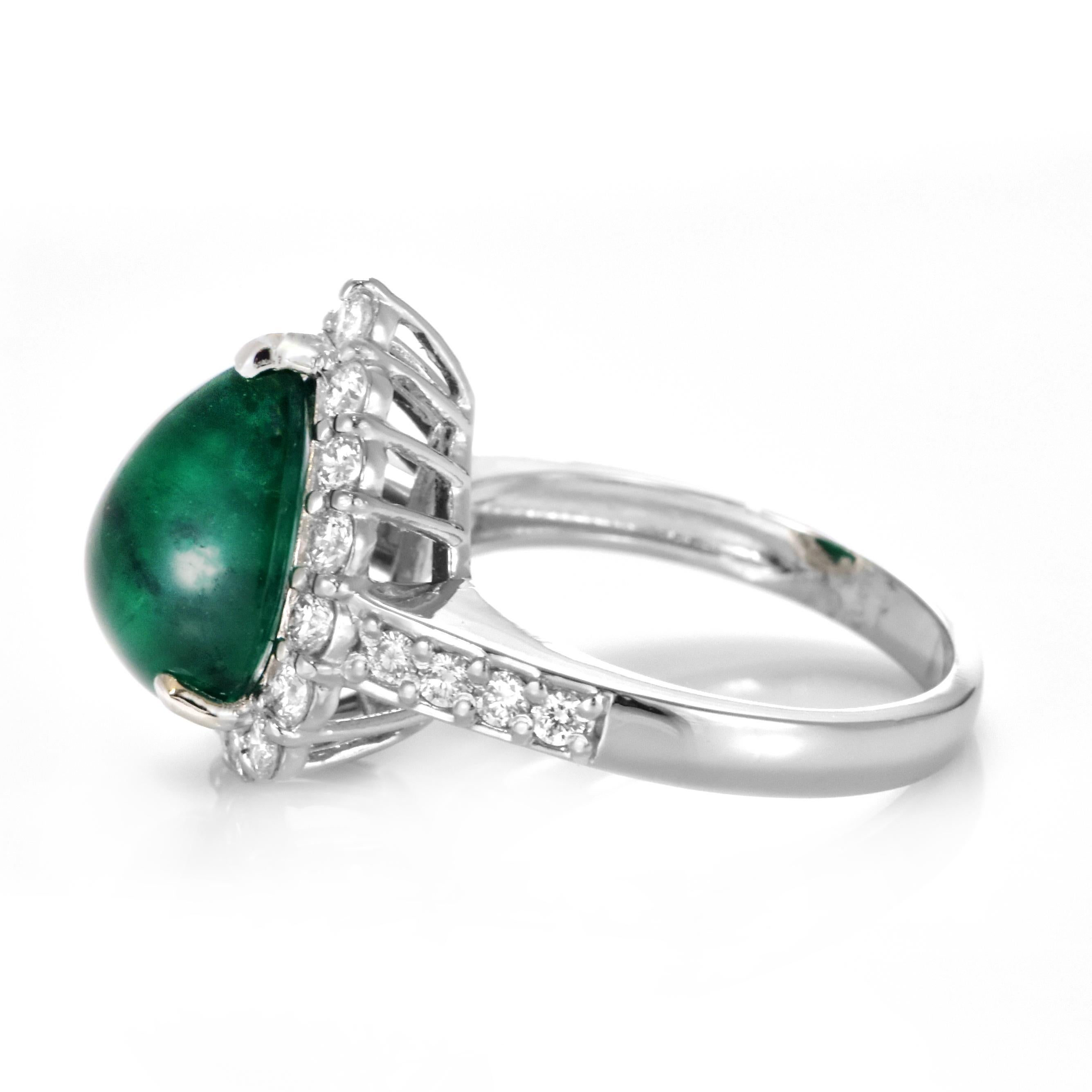 4.60 Carat Natural Emerald Cabochon and Diamond Halo Ring Made in Platinum For Sale 7