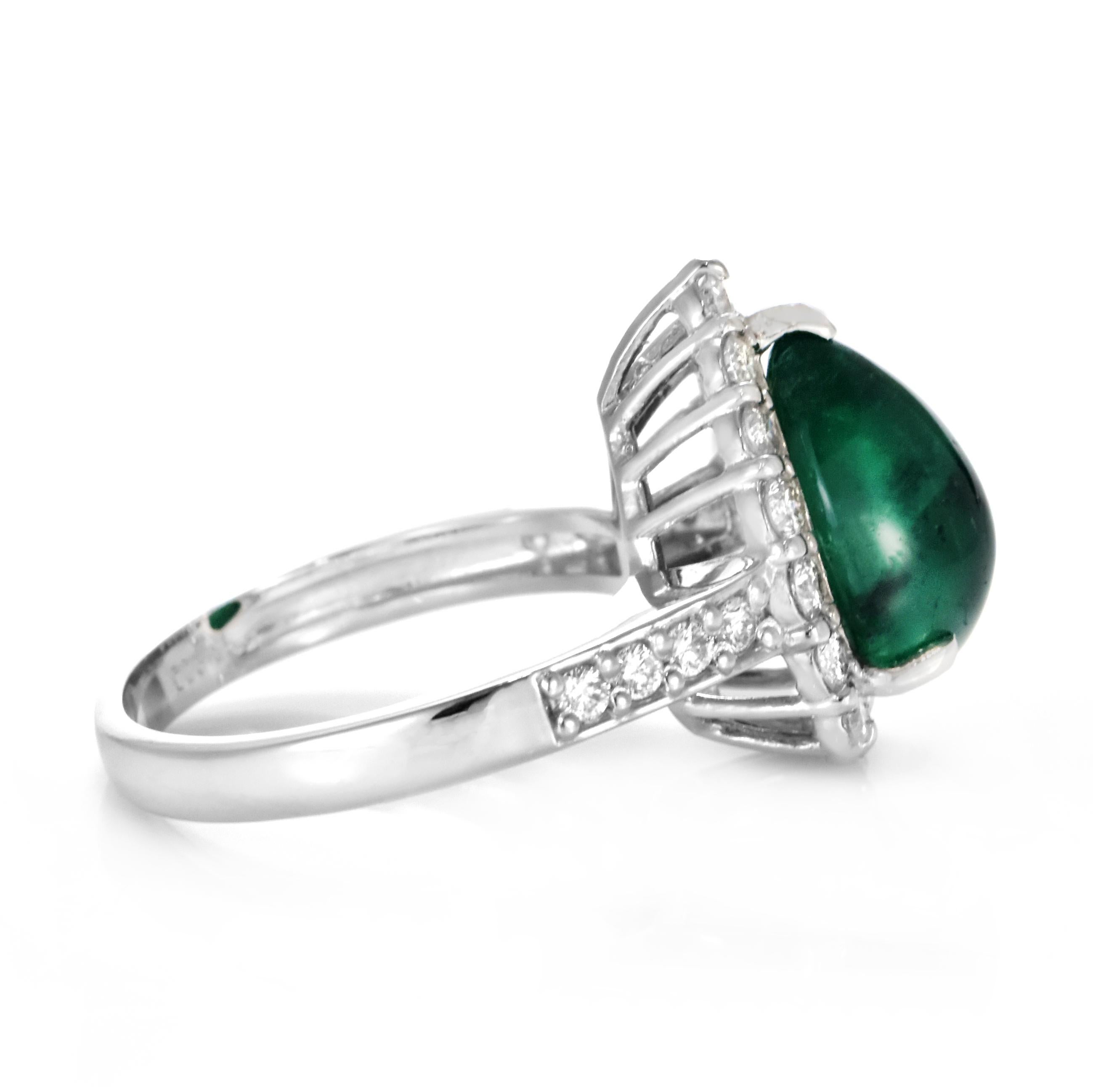 4.60 Carat Natural Emerald Cabochon and Diamond Halo Ring Made in Platinum For Sale 8