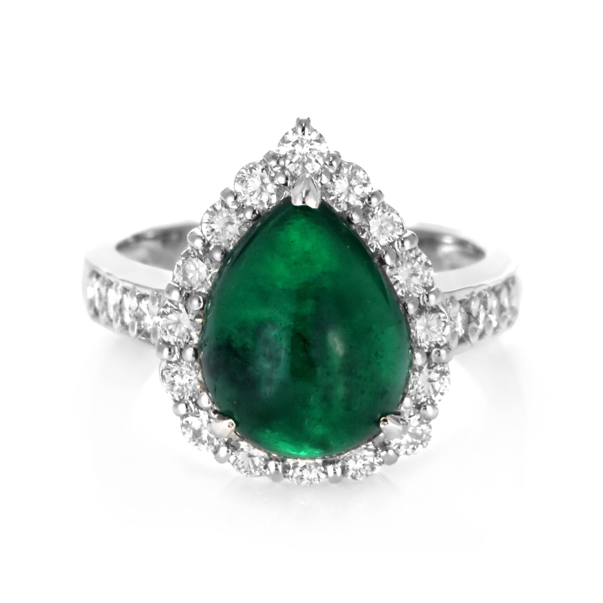 A stunning ring featuring a 4.60 Carat Natural Emerald Cabochon and 0.81 Carats of Diamond Accents set in Platinum. People have admired emerald’s green for thousands of years. Emeralds have always been associated with the lushest landscapes and the